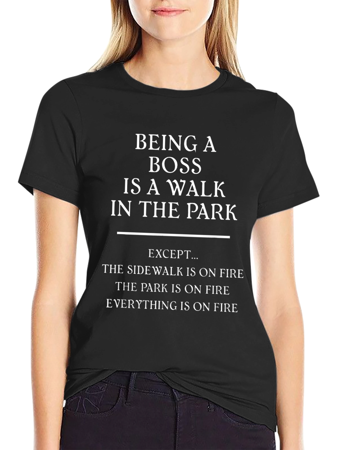 Black Funny Boss T-Shirt: Walk in the Park (On Fire!) view 2