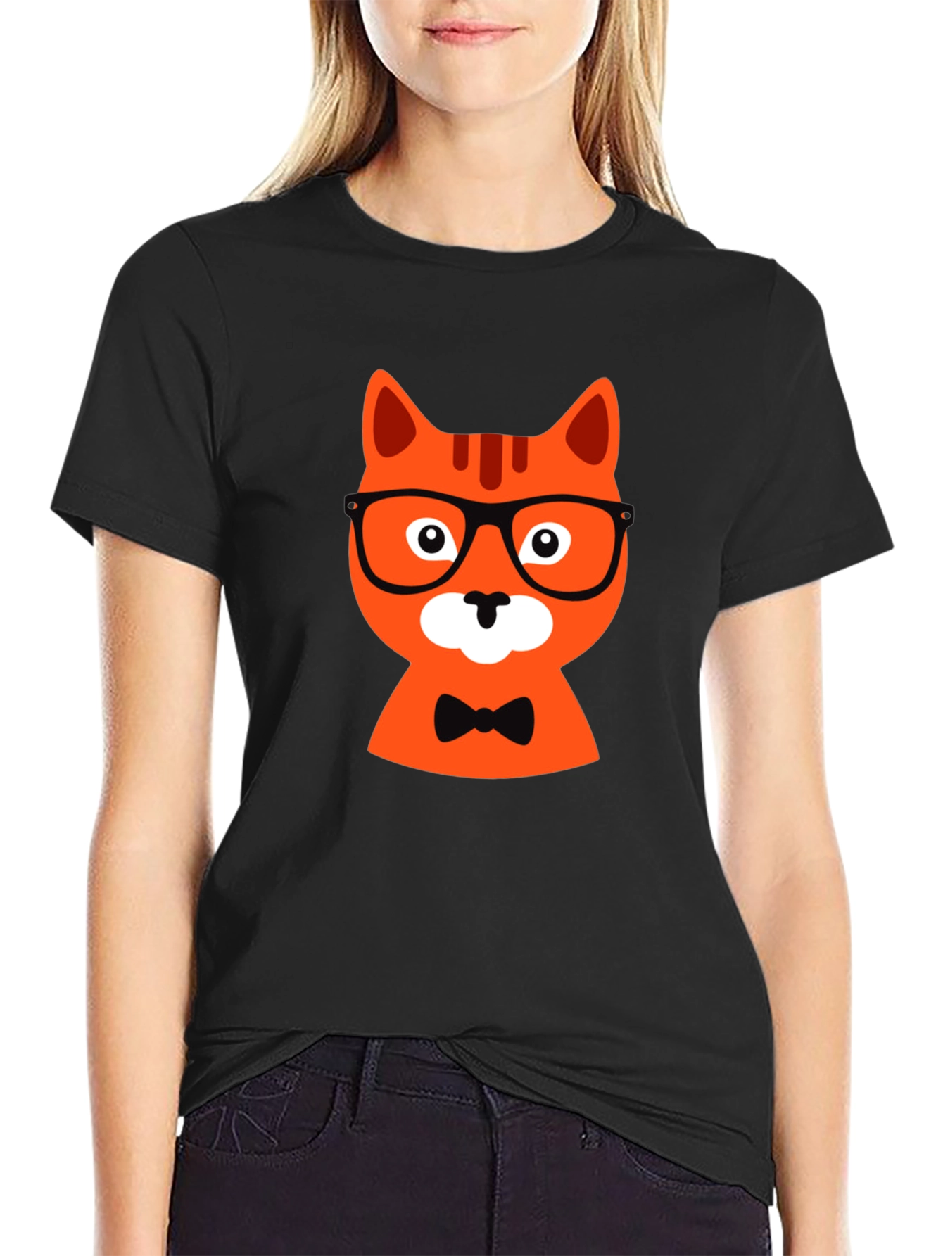 Black Black T-Shirt with Hipster Cat Graphic view 2