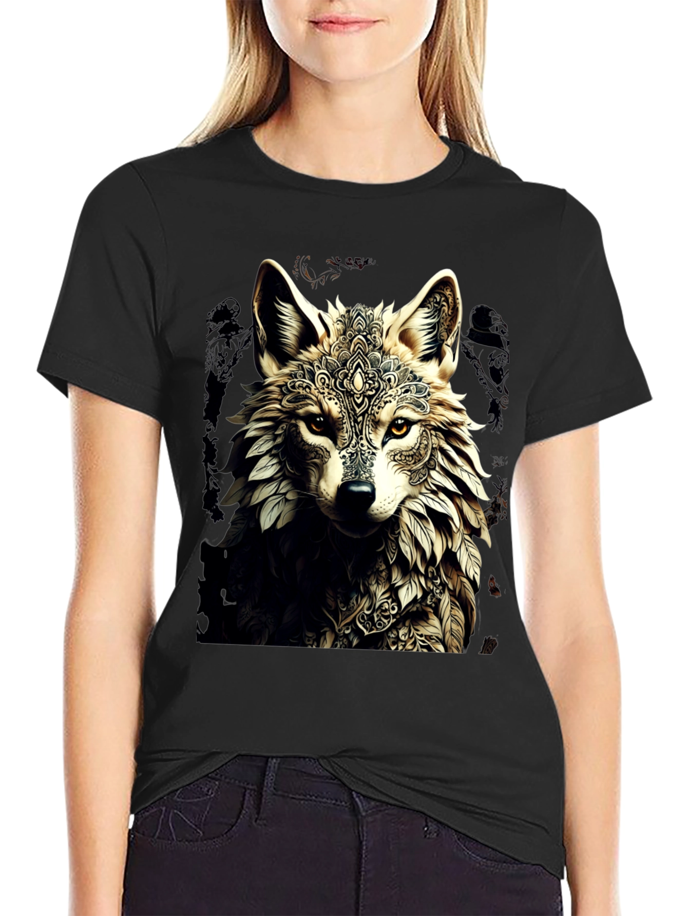 Black Wolf Mandala Graphic Tee - Stylish Black T-Shirt view 2