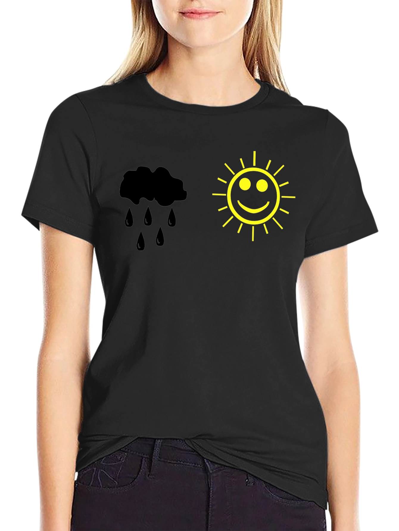 Black Weather Mood T-Shirt - Black Cotton Tee with Sun & Rain Design view 2