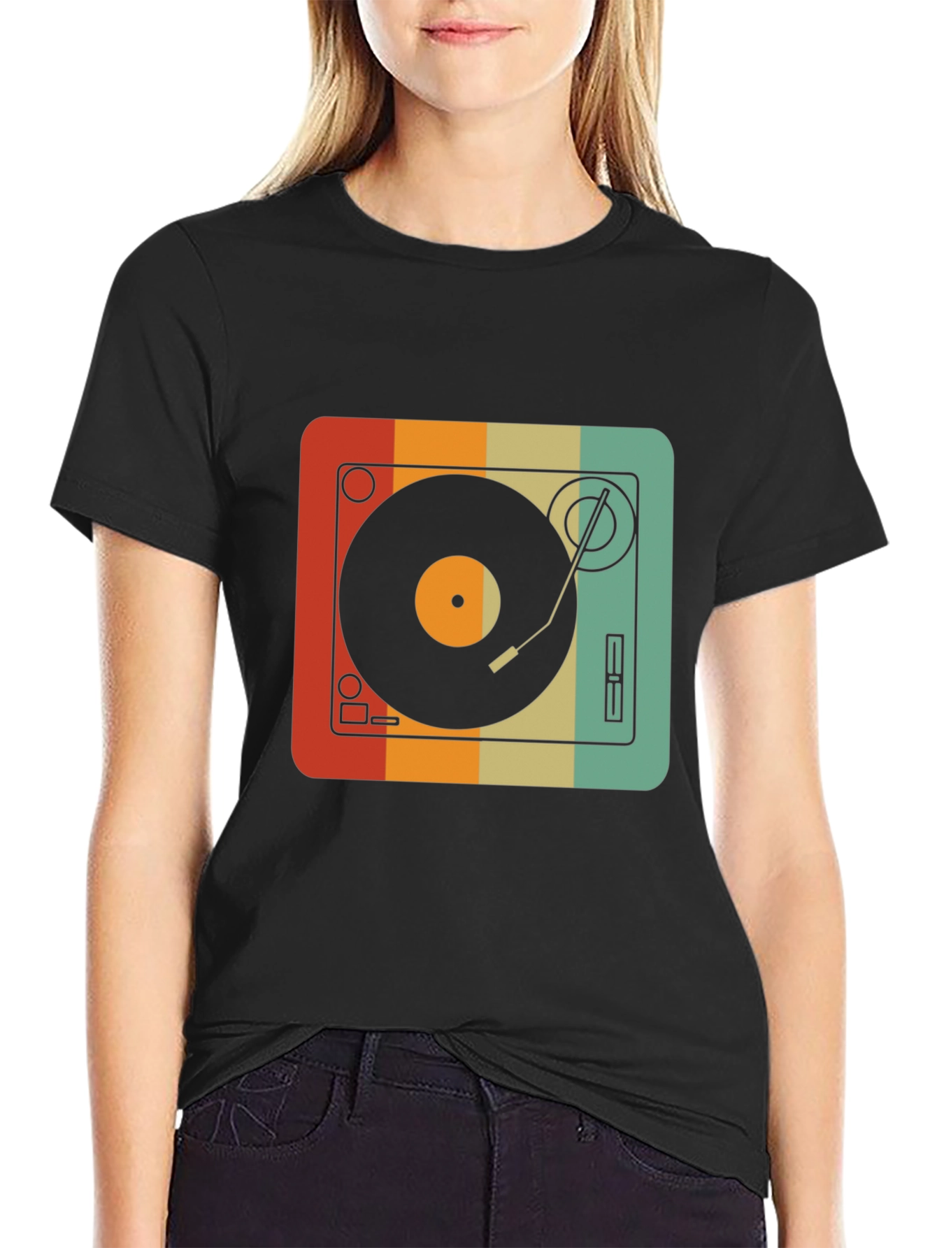 Black Retro Turntable Graphic Tee - Vintage Record Player Shirt view 2