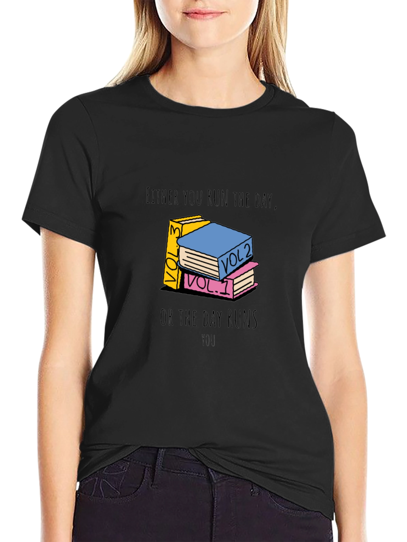 Black Motivational Book Stack Graphic Tee - Run The Day view 2