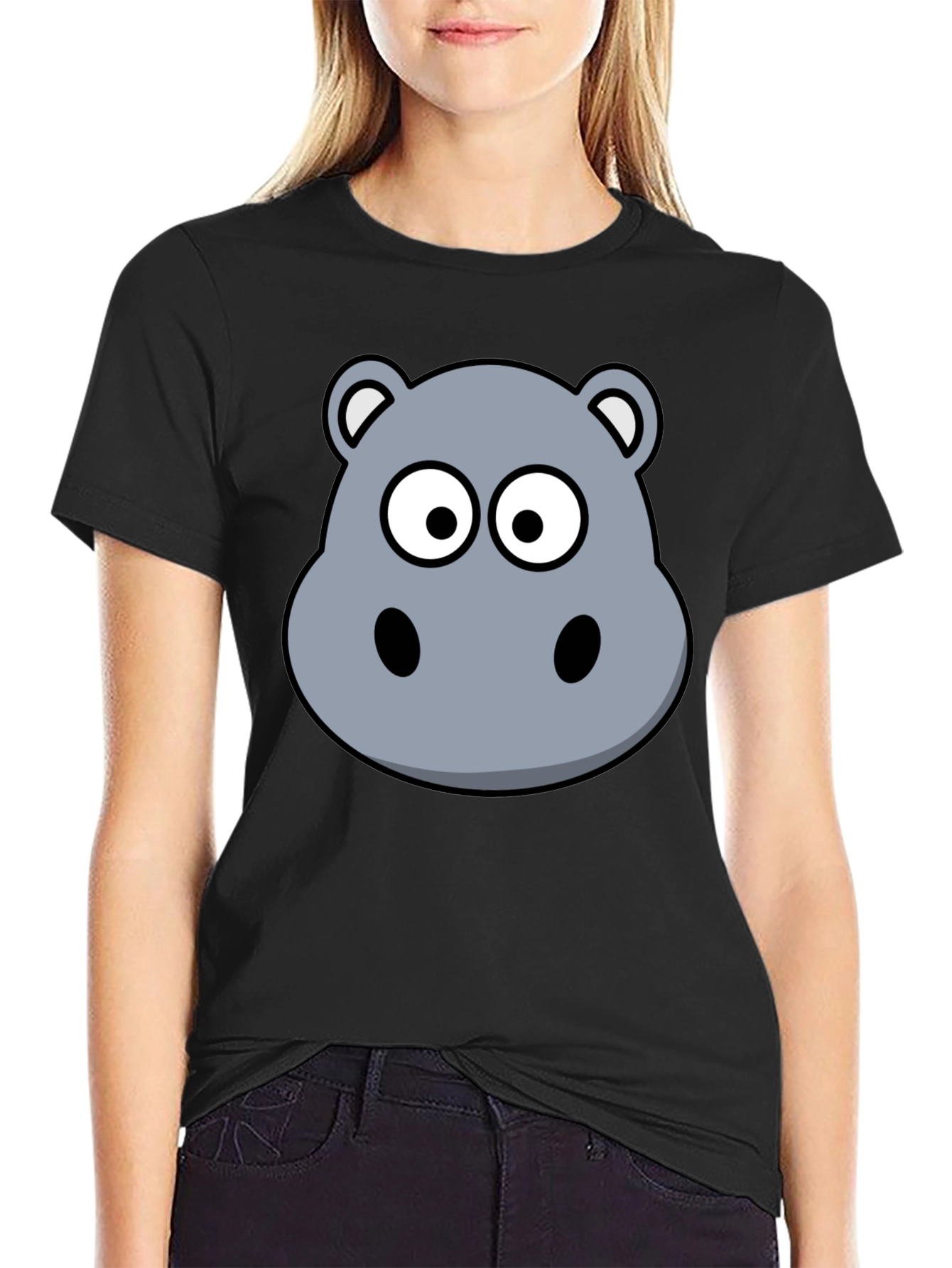 Black Hippo Cartoon Graphic Black T-Shirt view 2
