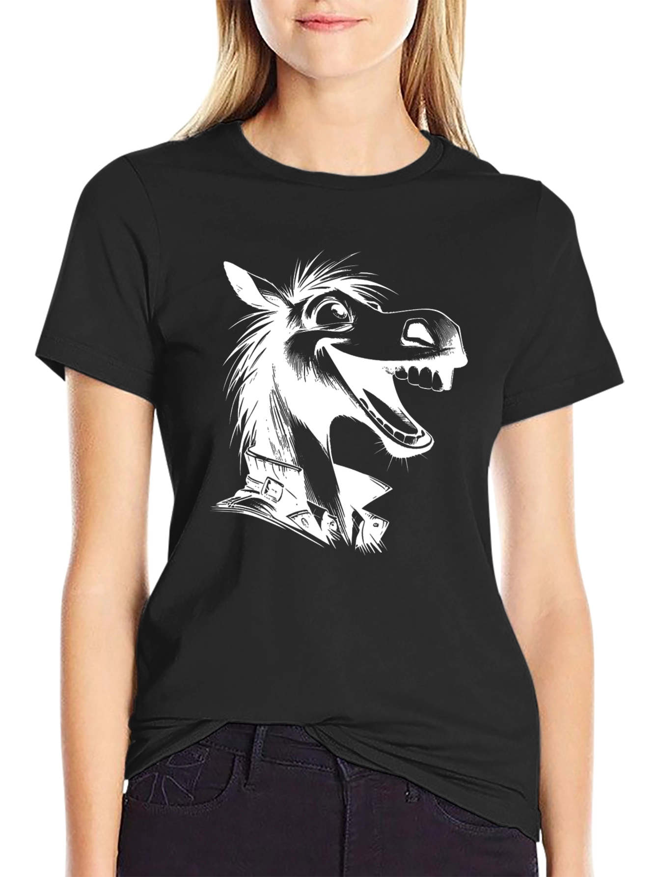 Black Funny Horse Graphic Tee - Black Cotton T-Shirt view 2