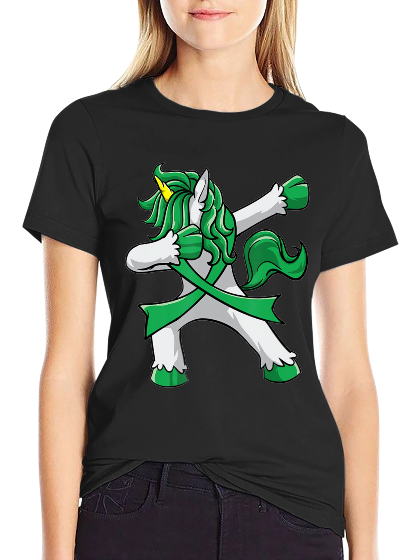 Black Dabbing Unicorn T-Shirt - St. Patrick's Day Style view 2