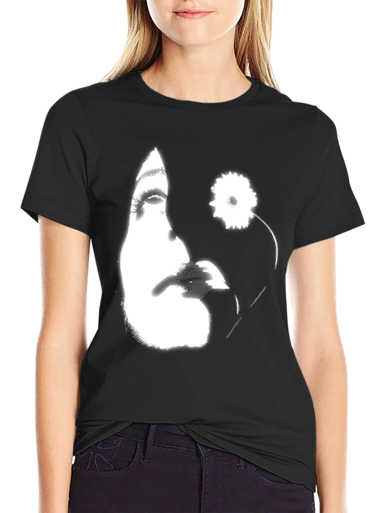 Black Abstract Floral Face Graphic Black T-Shirt view 2