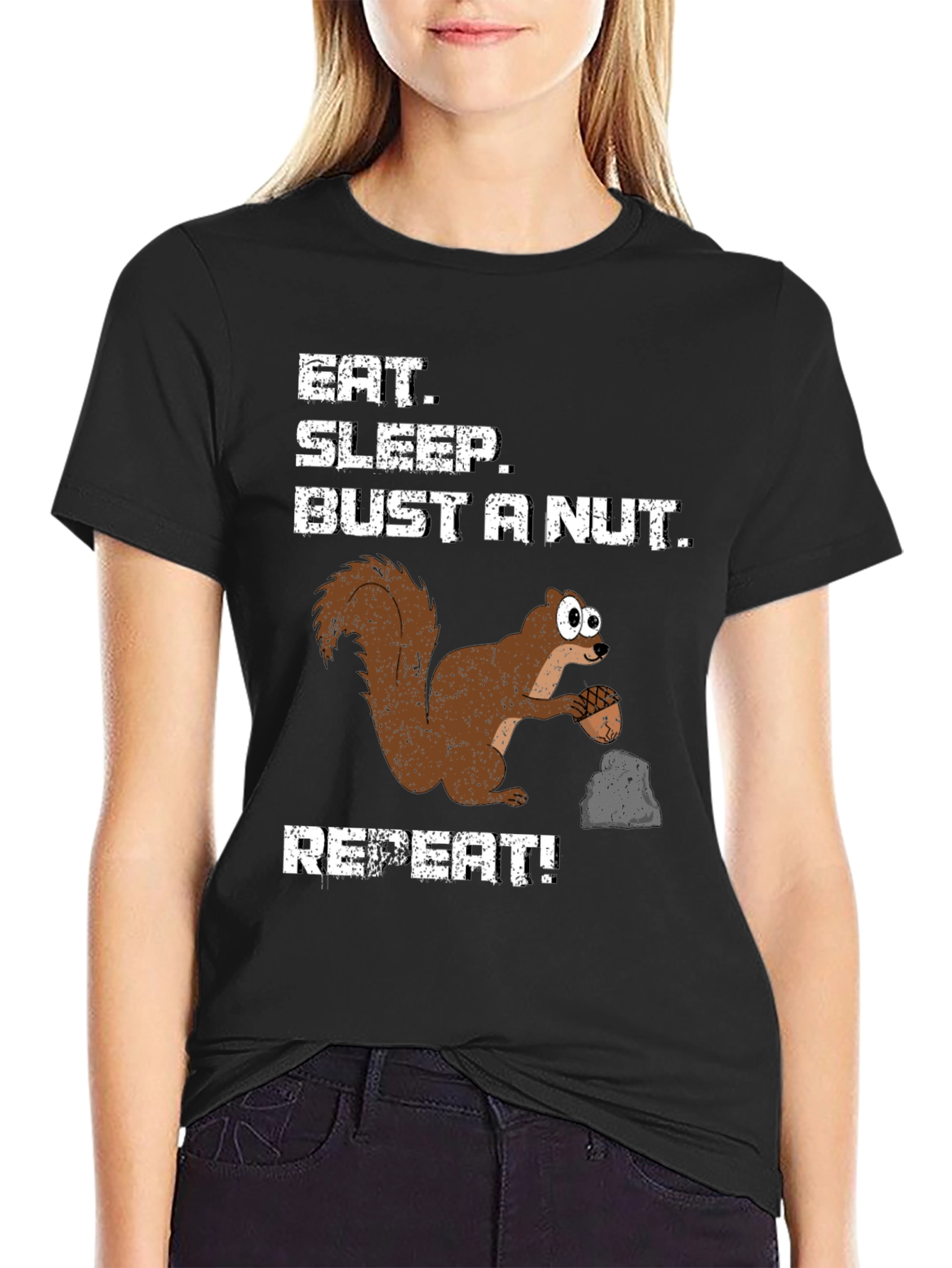 Black Eat Sleep Bust a Nut Squirrel T-Shirt Funny Humor Tee view 2