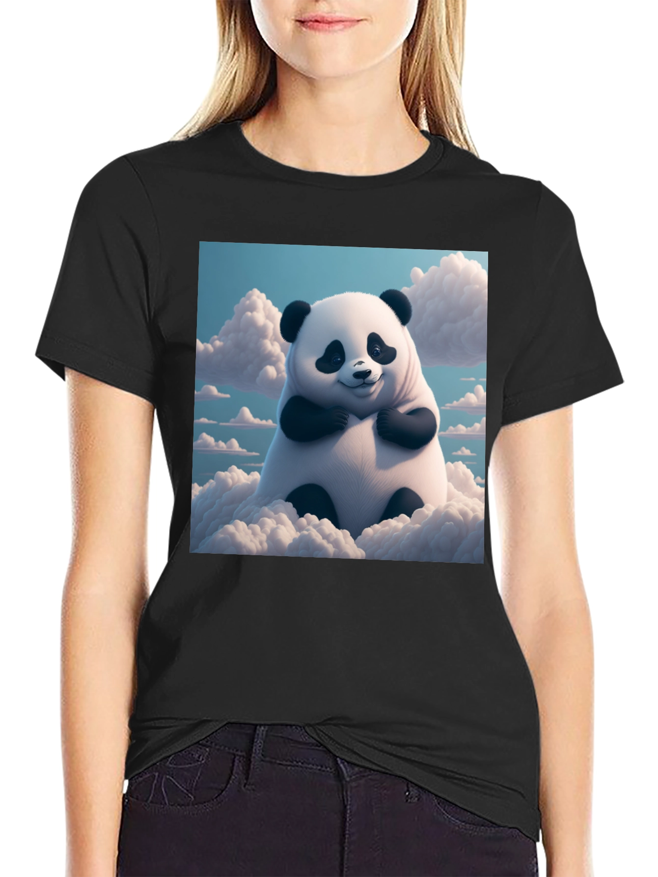 Black Cute Panda in Clouds Graphic Tee - Black Cotton T-Shirt view 2