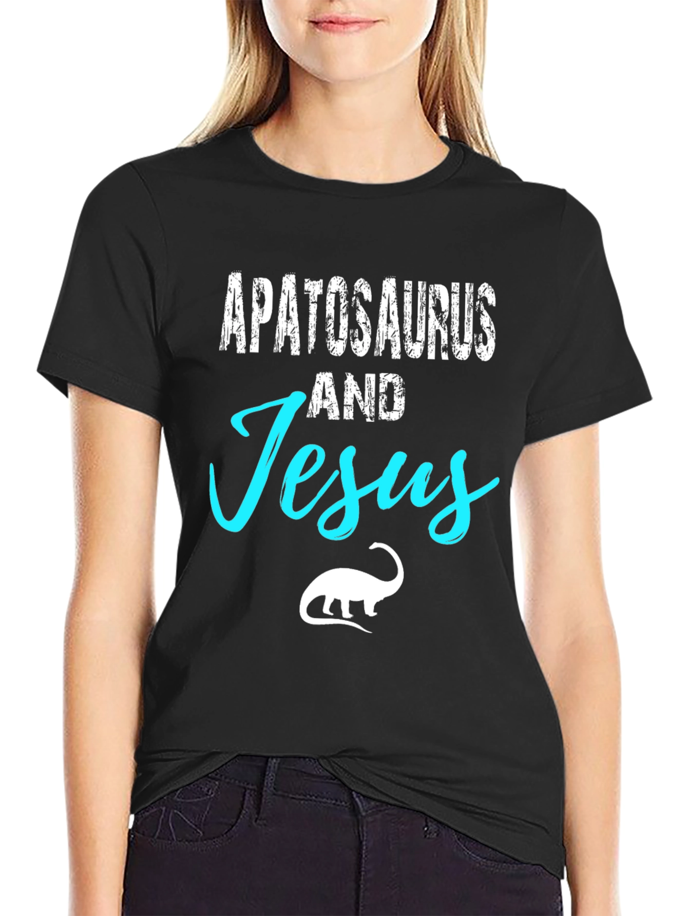 Black Apatosaurus and Jesus Black Graphic T-Shirt view 2