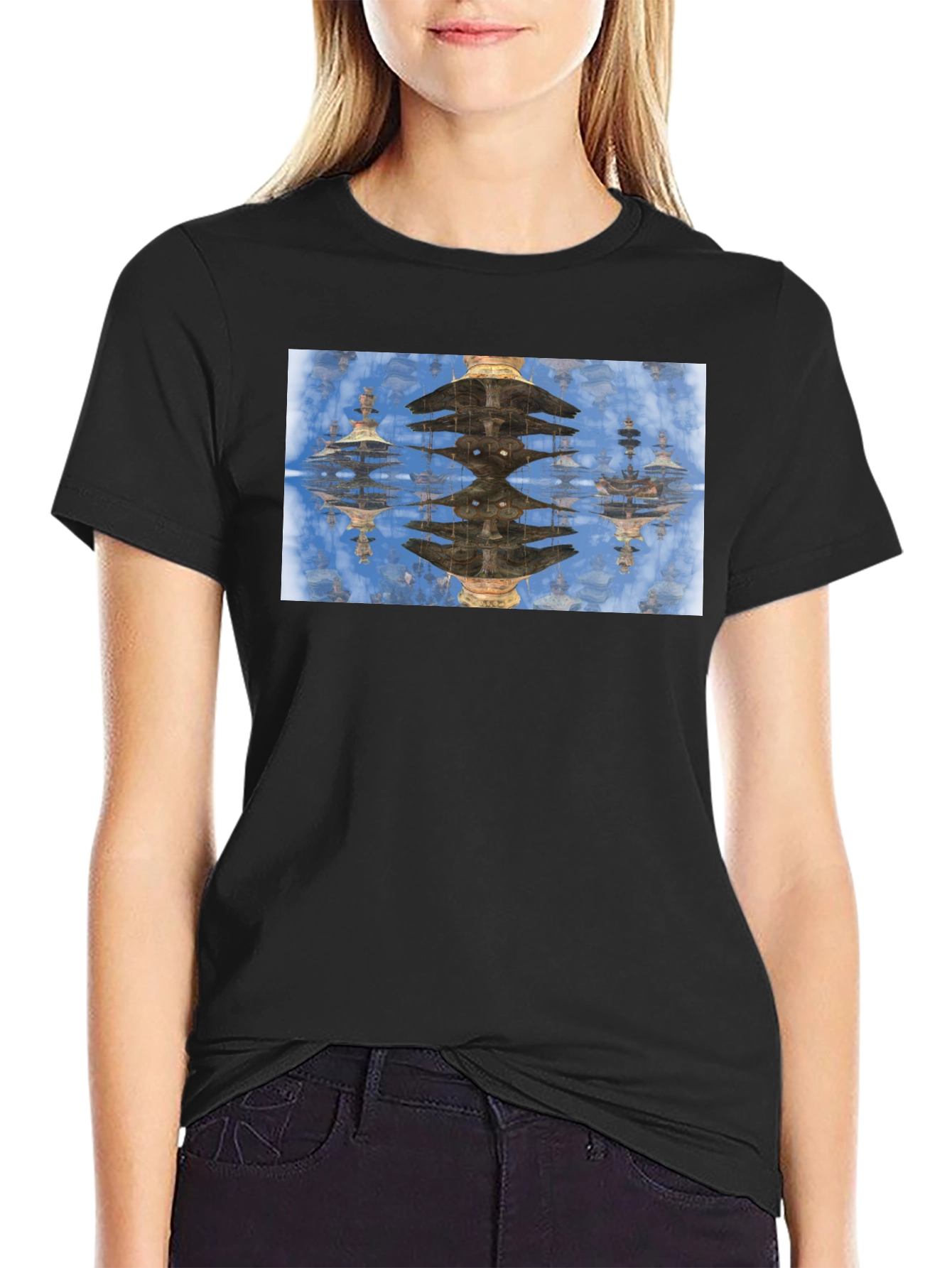 Black Reflective Pagoda Graphic Tee - Black Cotton Blend view 2