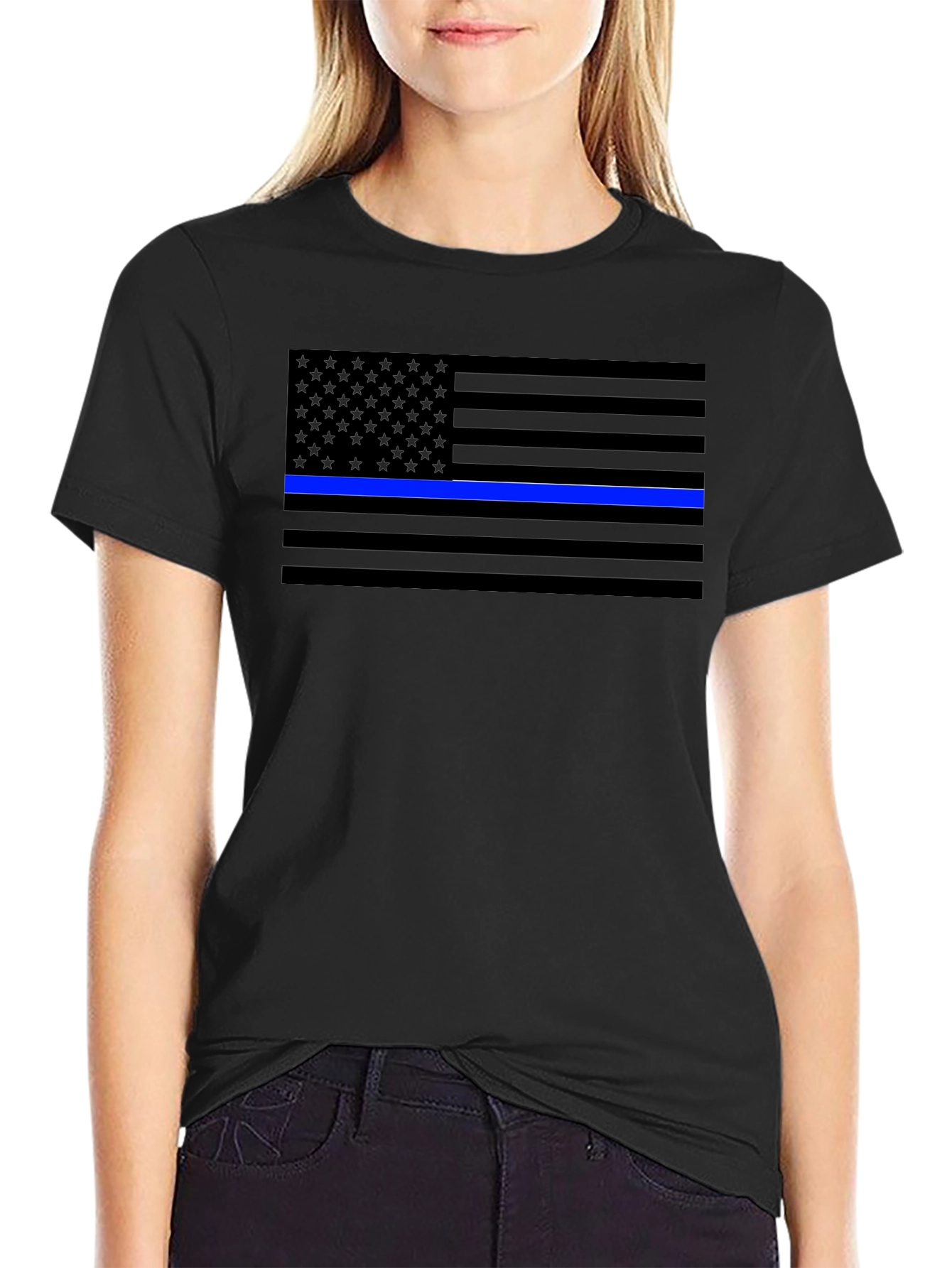Black Blue Line Flag T-Shirt - Support Law Enforcement view 2