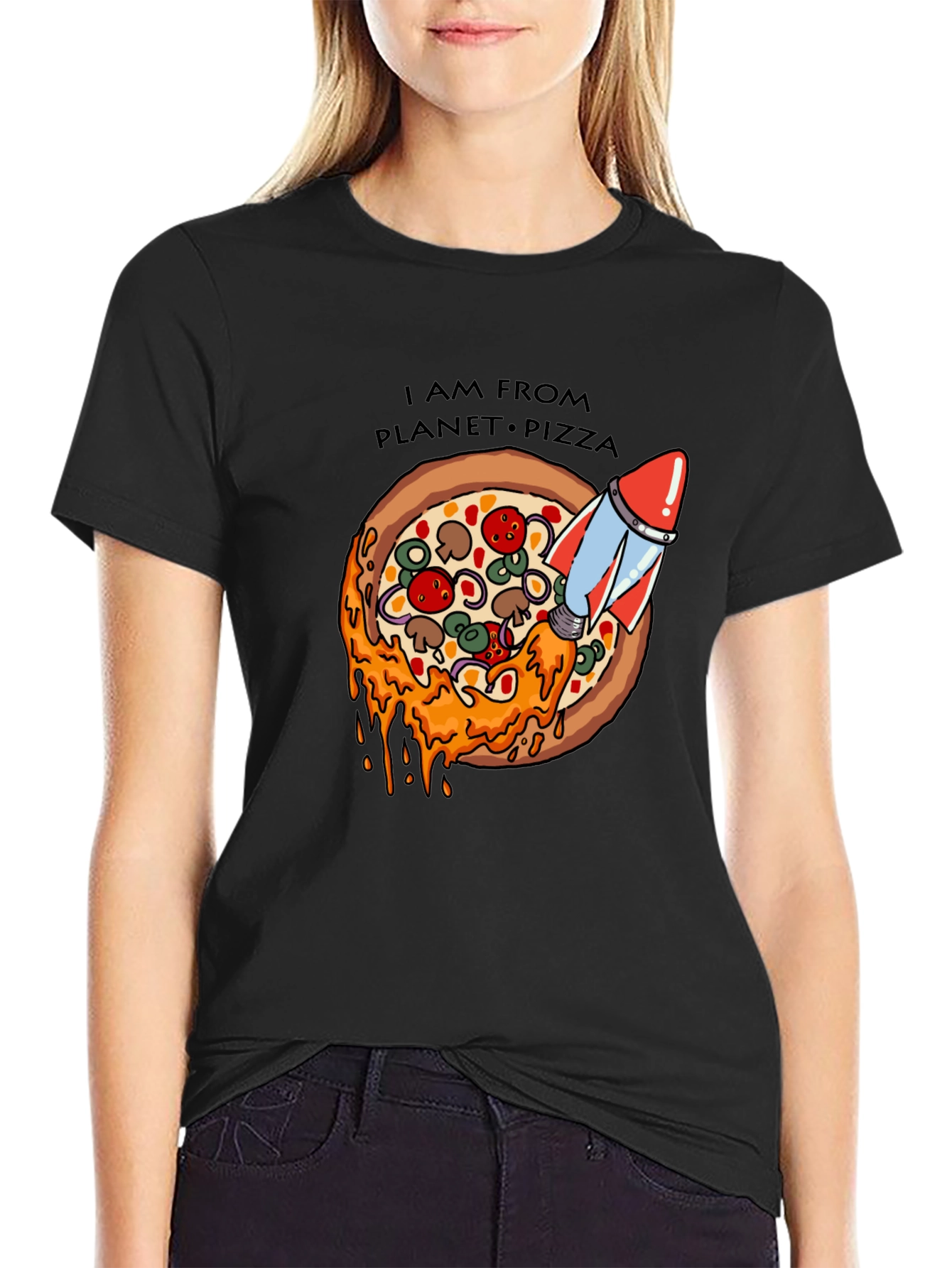 Black Planet Pizza T-Shirt - Rocket Launch Design view 2