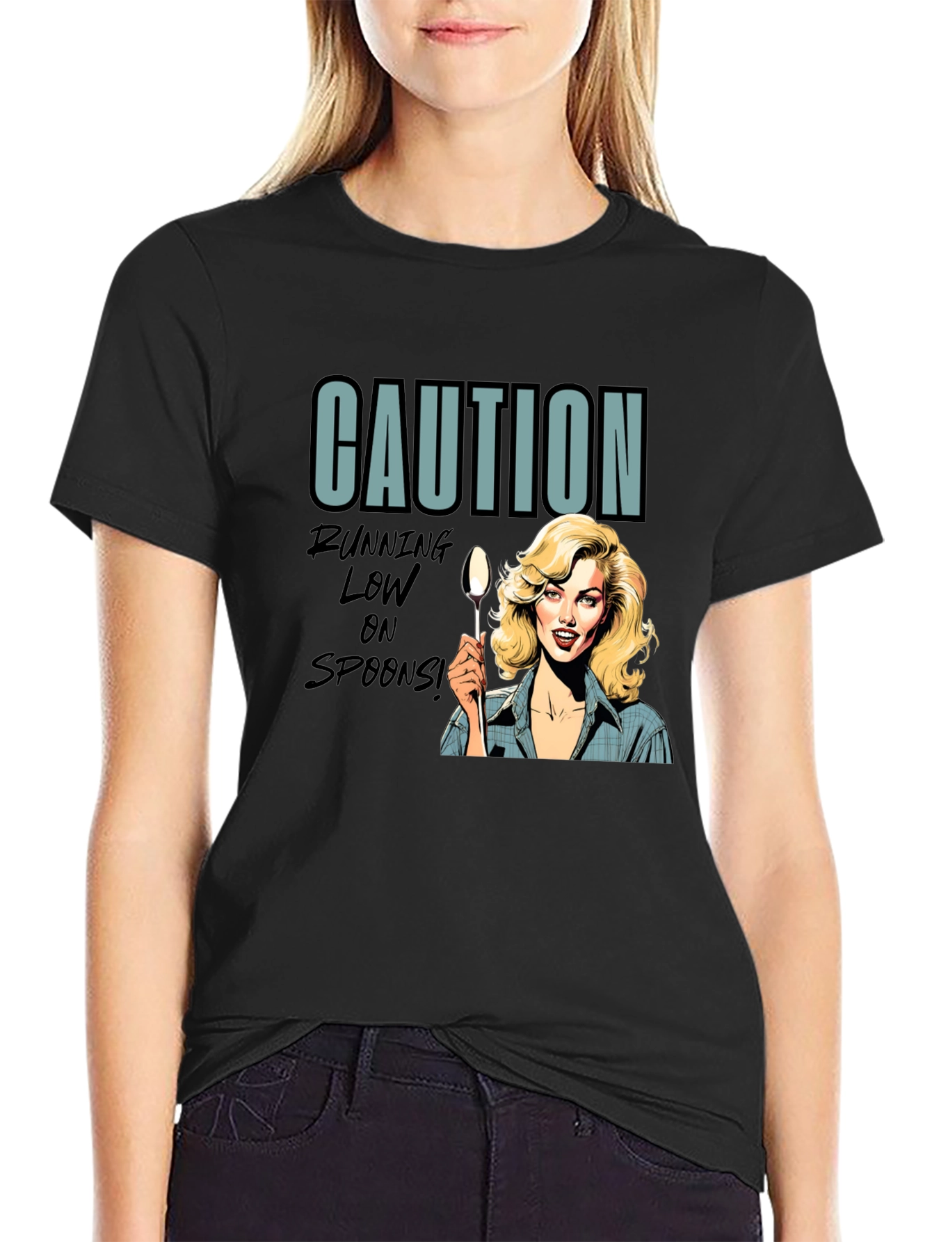 Black Caution Running Low On Spoons T-Shirt view 2