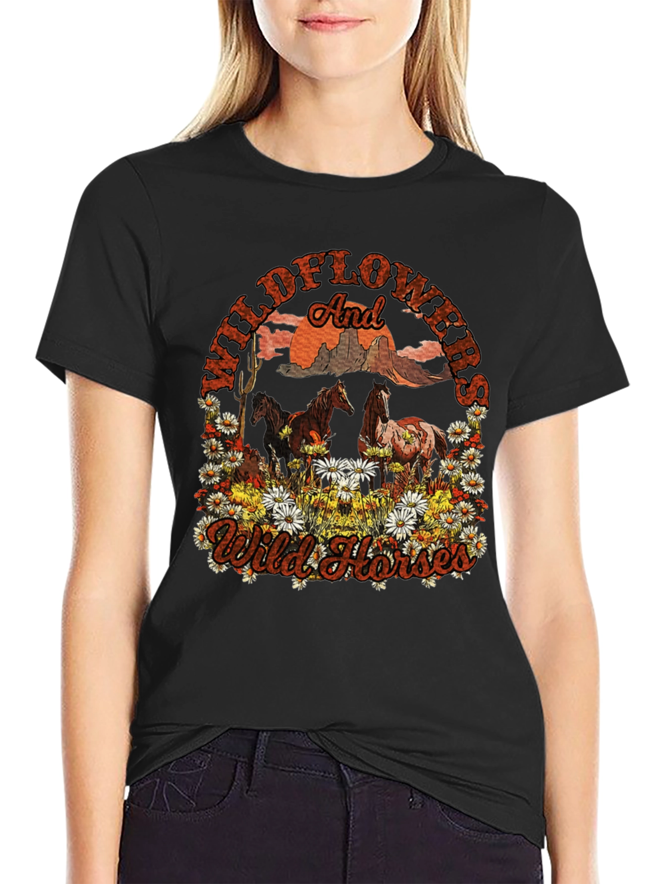 Black Wildflowers and Wild Horses Graphic Tee view 2