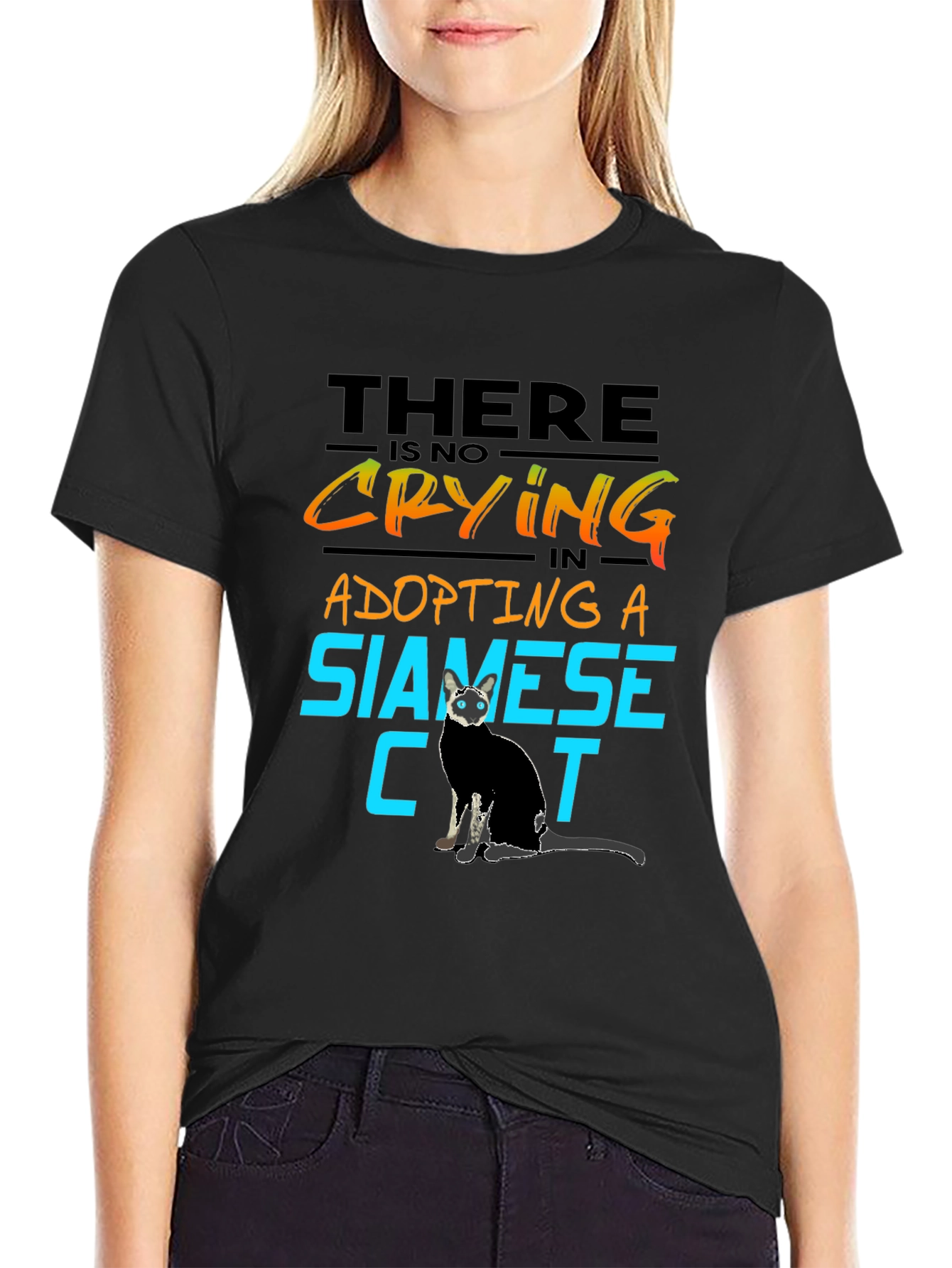 Black Siamese Cat Lover T-Shirt - No Crying in Adopting view 2