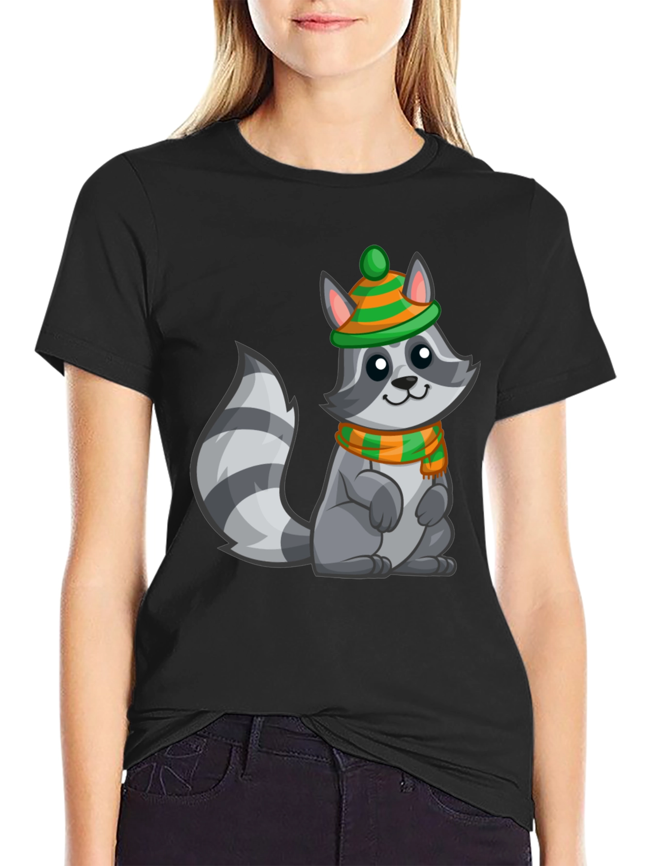 Black Cute Raccoon T-Shirt with Winter Hat and Scarf - Unisex Tee view 2