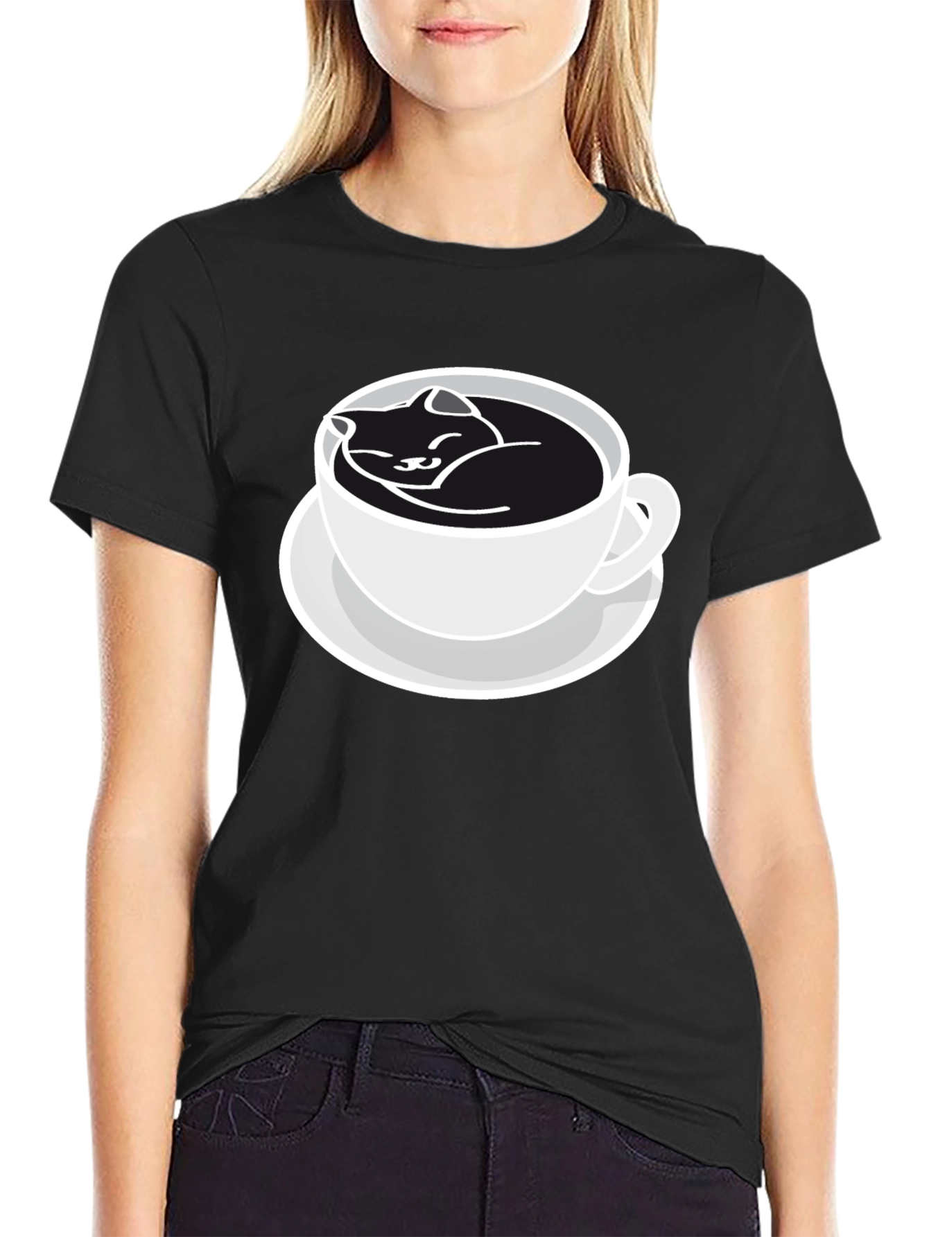Black Cat Nap Coffee Cup Black T-Shirt view 2