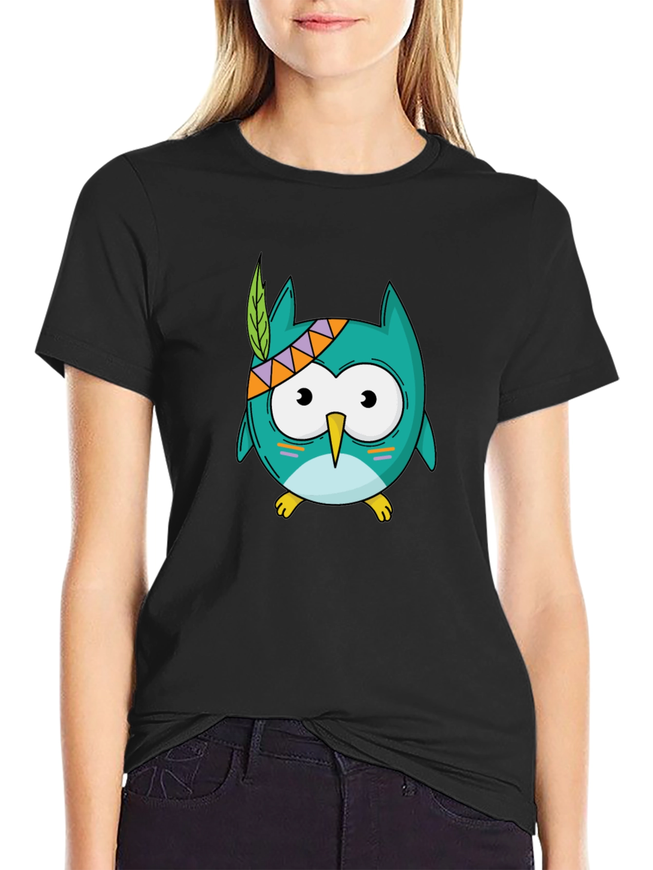 Black Cute Cartoon Owl T-Shirt - Black view 2