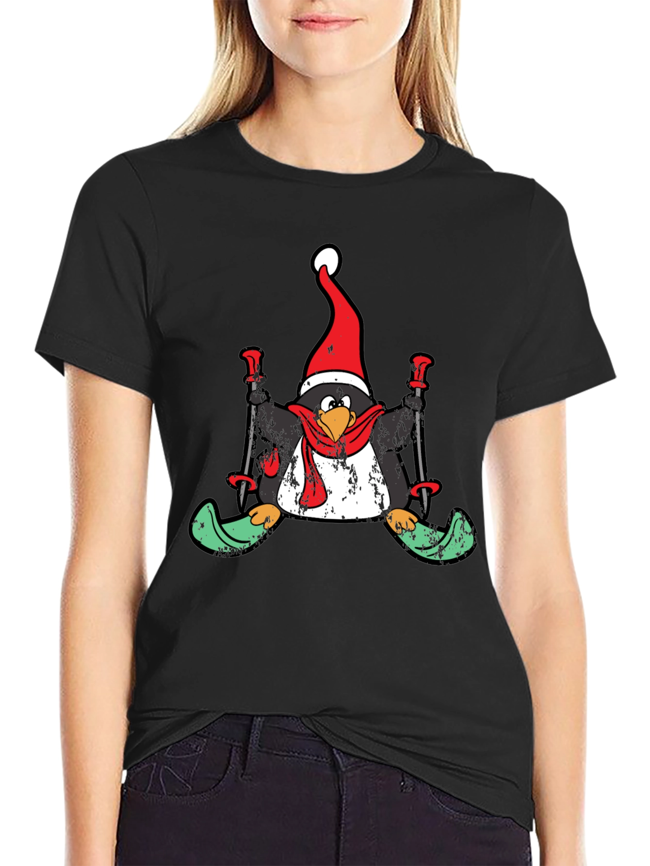Black Penguin Skier Holiday T-Shirt view 2