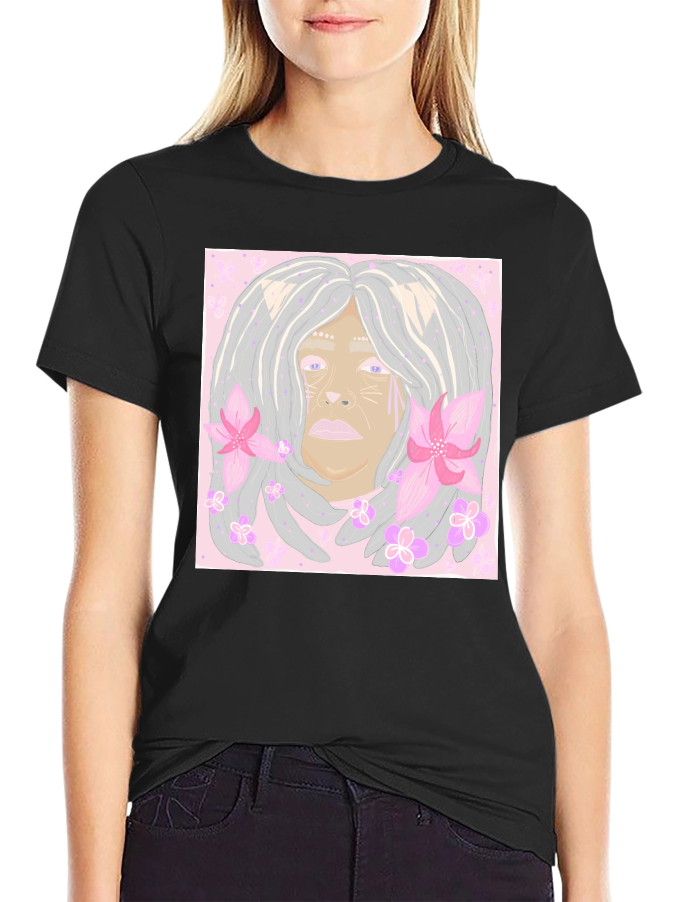 Black Unique Cat Flower T-Shirt  view 2