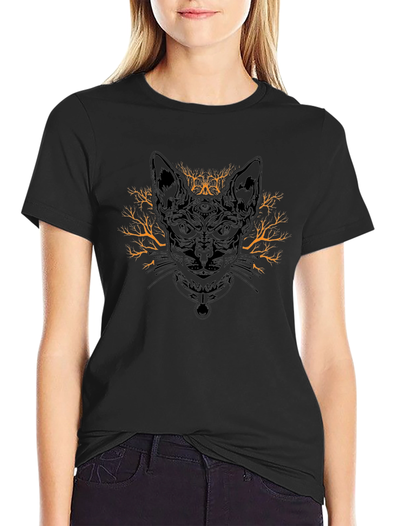 Black Mystic Cat Graphic T-Shirt - Unique Design view 2