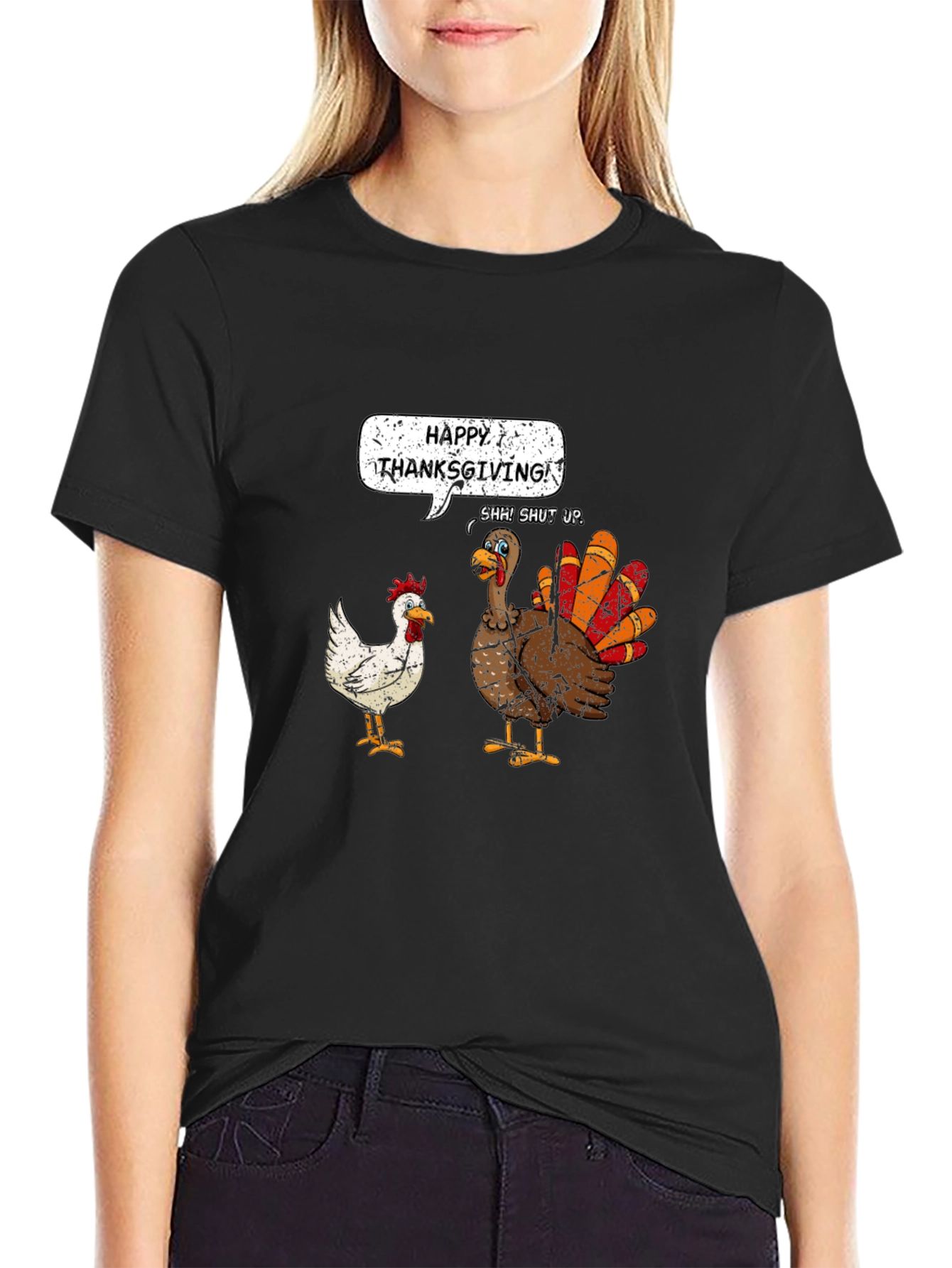 Black Happy Thanksgiving Funny Turkey T-Shirt view 2