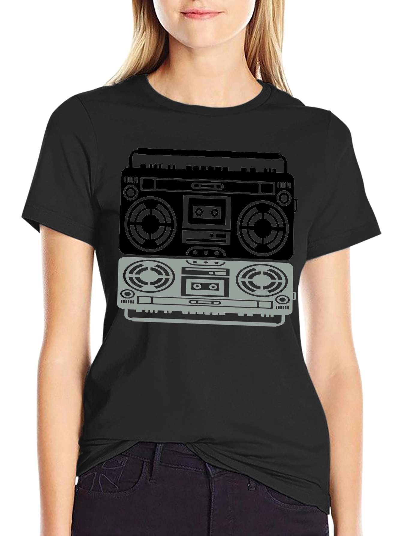 Black Retro Boombox Graphic T-Shirt - Vintage Music Lover Tee view 2