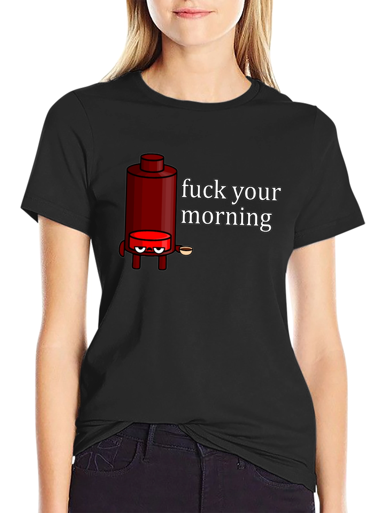Black Funny Coffee Maker Graphic T-Shirt - "Fuck Your Morning" view 2