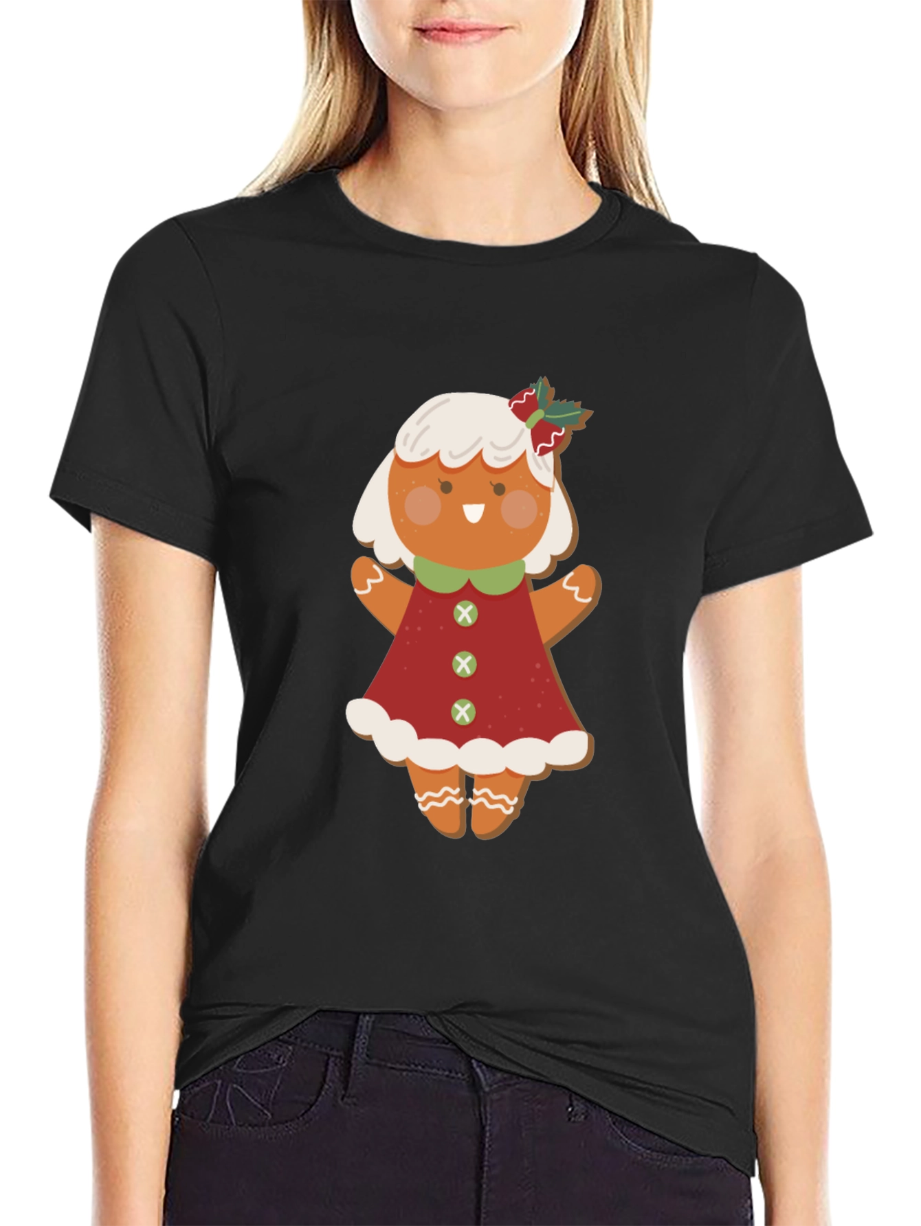 Black Gingerbread Girl T-Shirt: Festive Holiday Style view 2