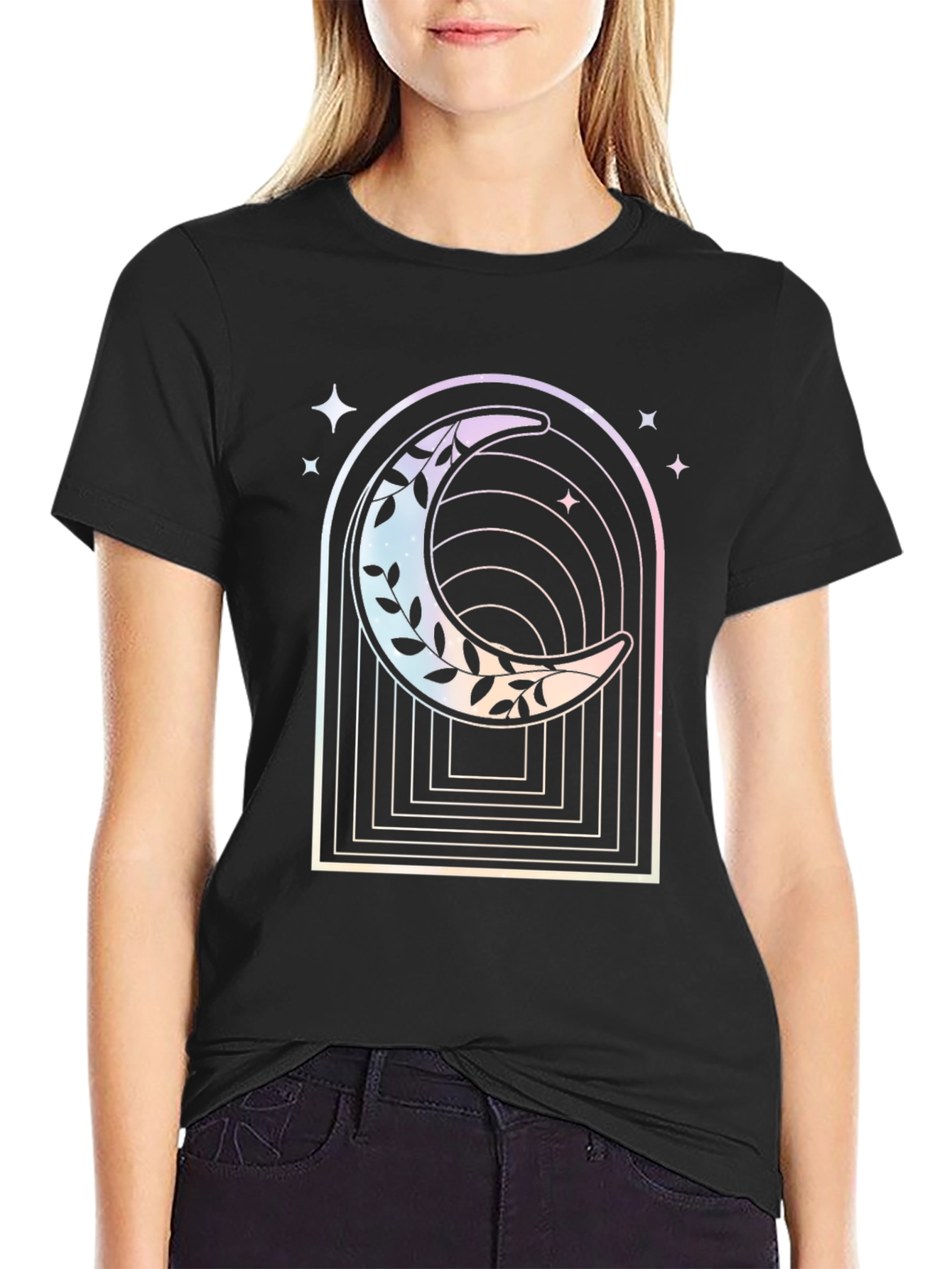 Black Celestial Crescent Moon Graphic Tee - Black view 2