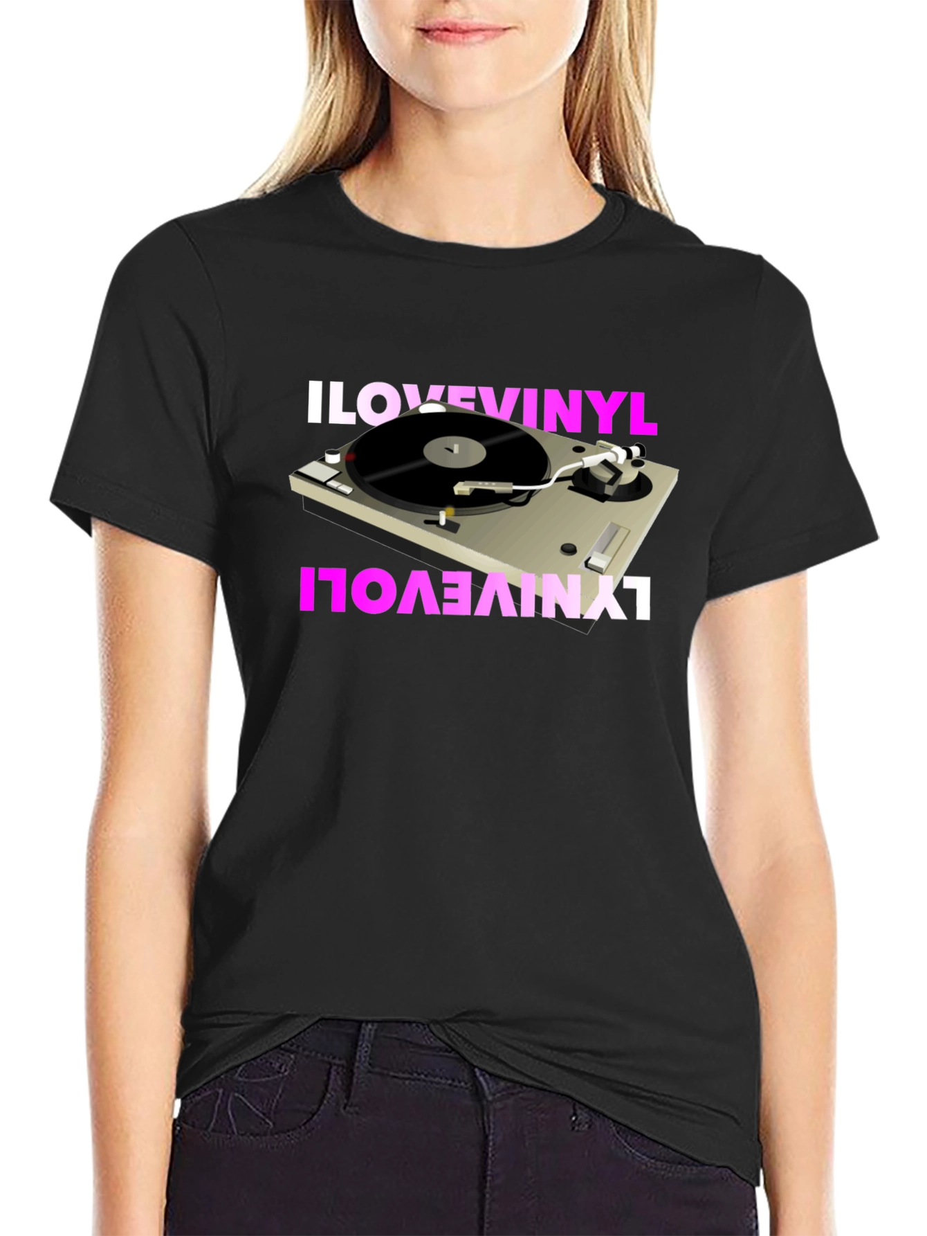 Black I Love Vinyl Turntable Graphic T-Shirt view 2