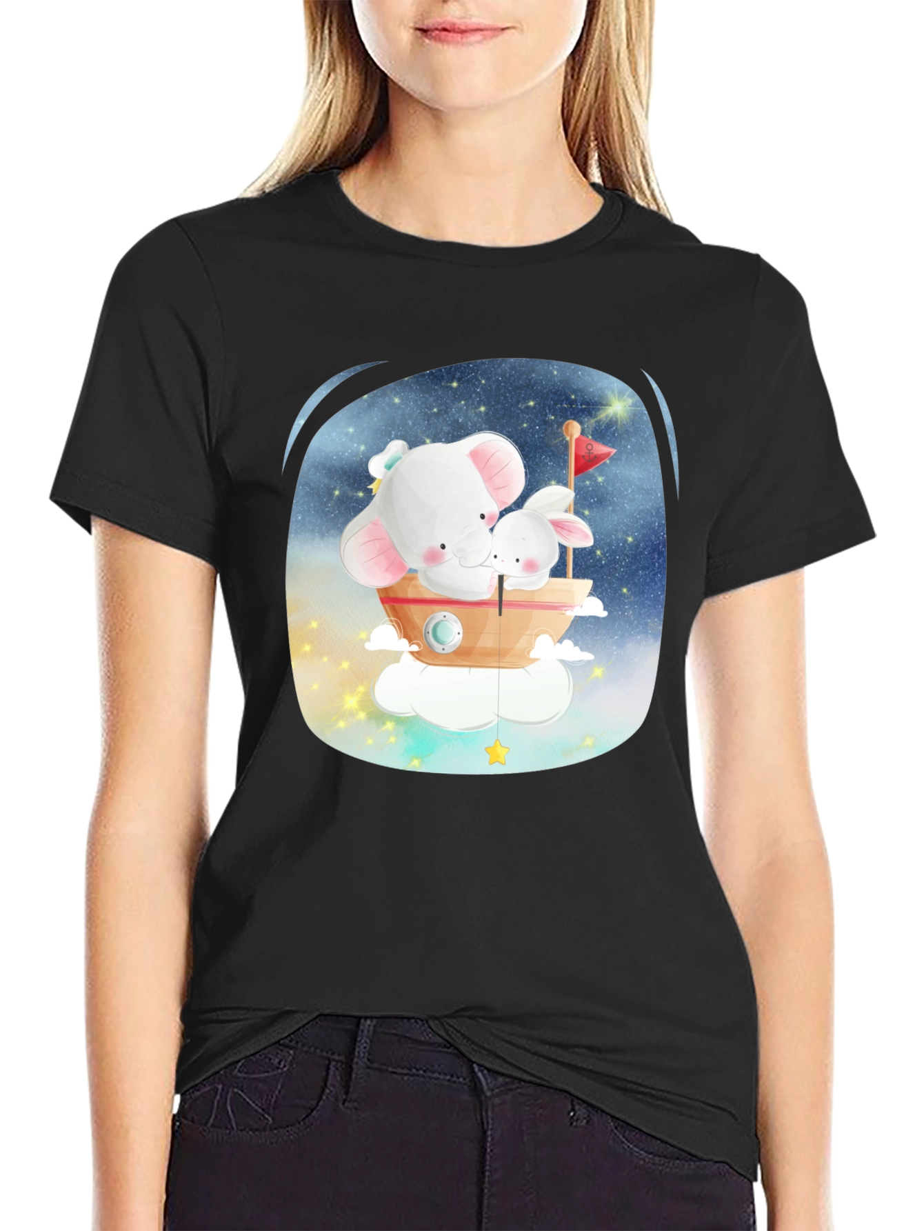 Black Cute Elephant & Bunny T-Shirt - Dreamy Design view 2