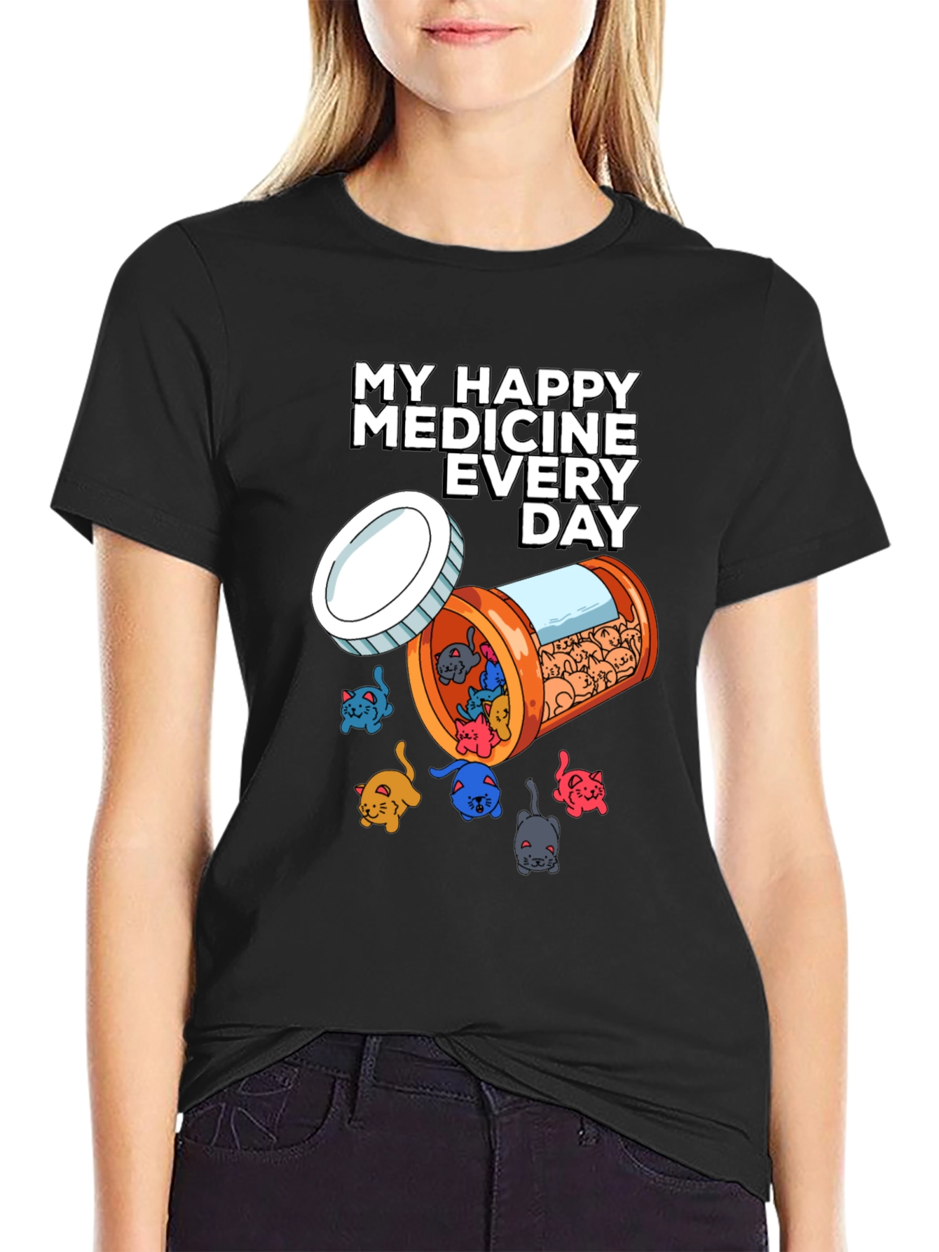 Black My Happy Medicine Cat Lover T-Shirt view 2