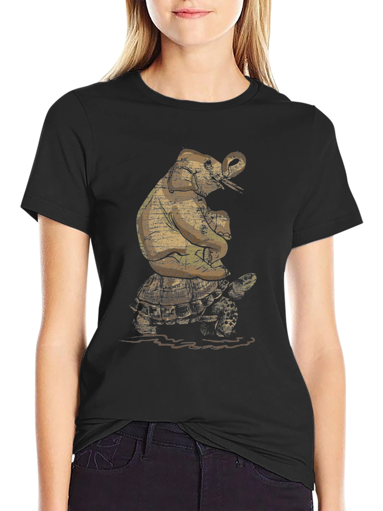 Black Elephant Riding Turtle Graphic T-Shirt view 2
