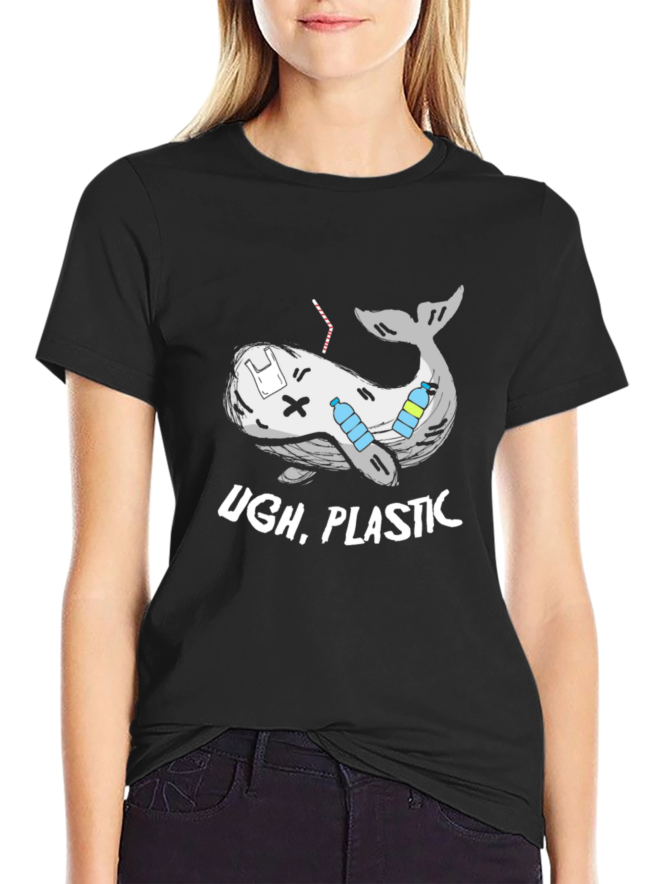 Black Ugh, Plastic! Whale Graphic Tee - Eco-Friendly Awareness T-Shirt view 2