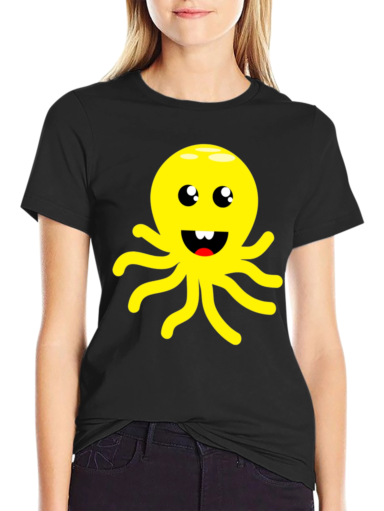Black Cute Cartoon Octopus Graphic Black T-Shirt view 2