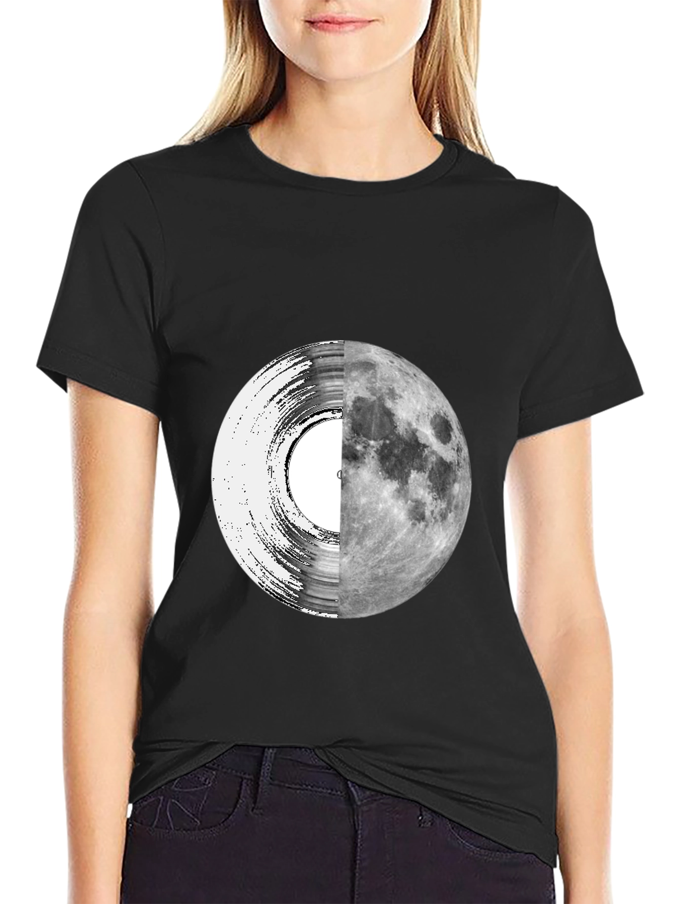 Black Vinyl Moon Graphic Tee - Unique Music Lover Shirt view 2
