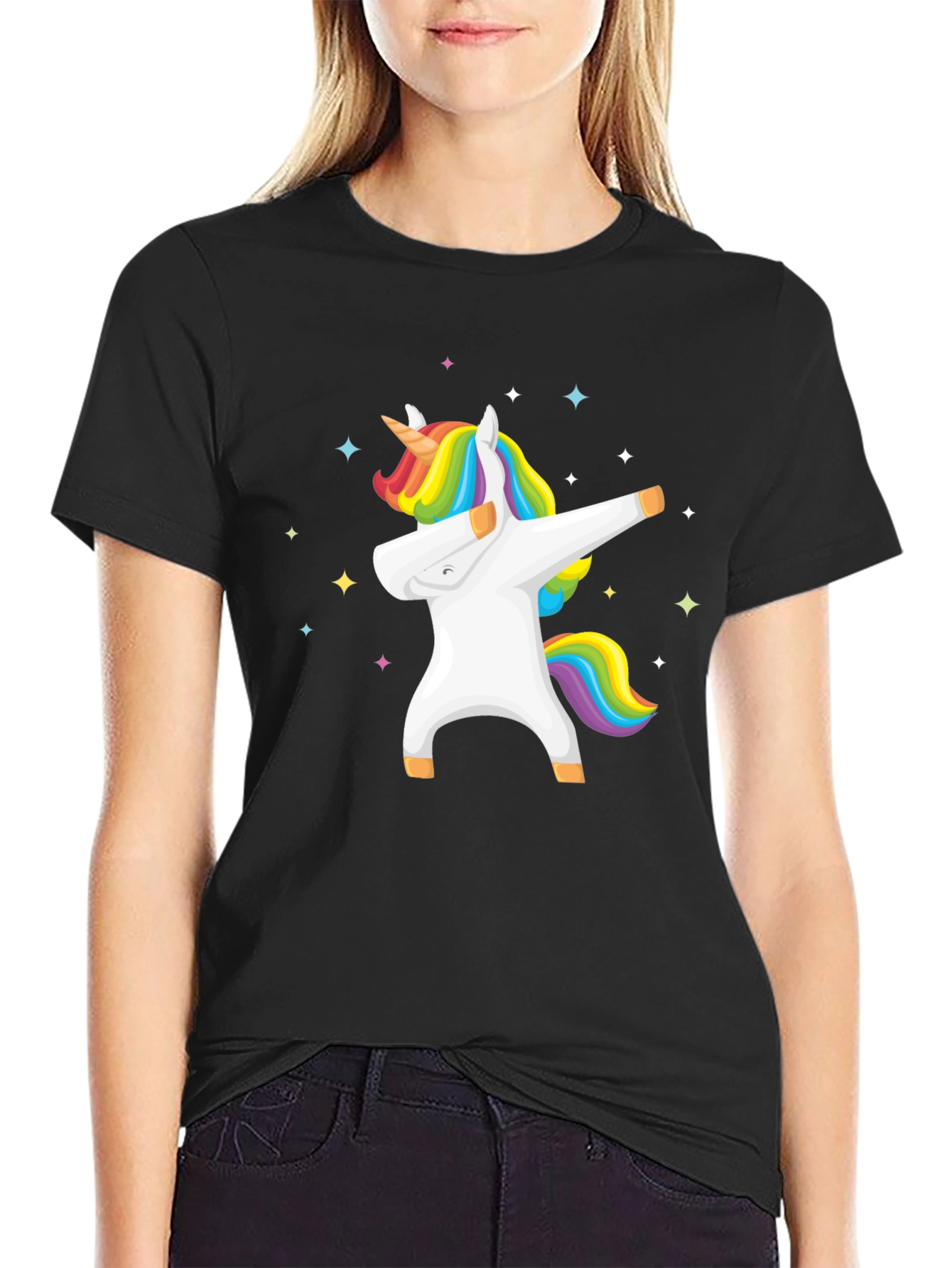 Black Dabbing Unicorn Graphic Tee - Black Cotton T-Shirt view 2