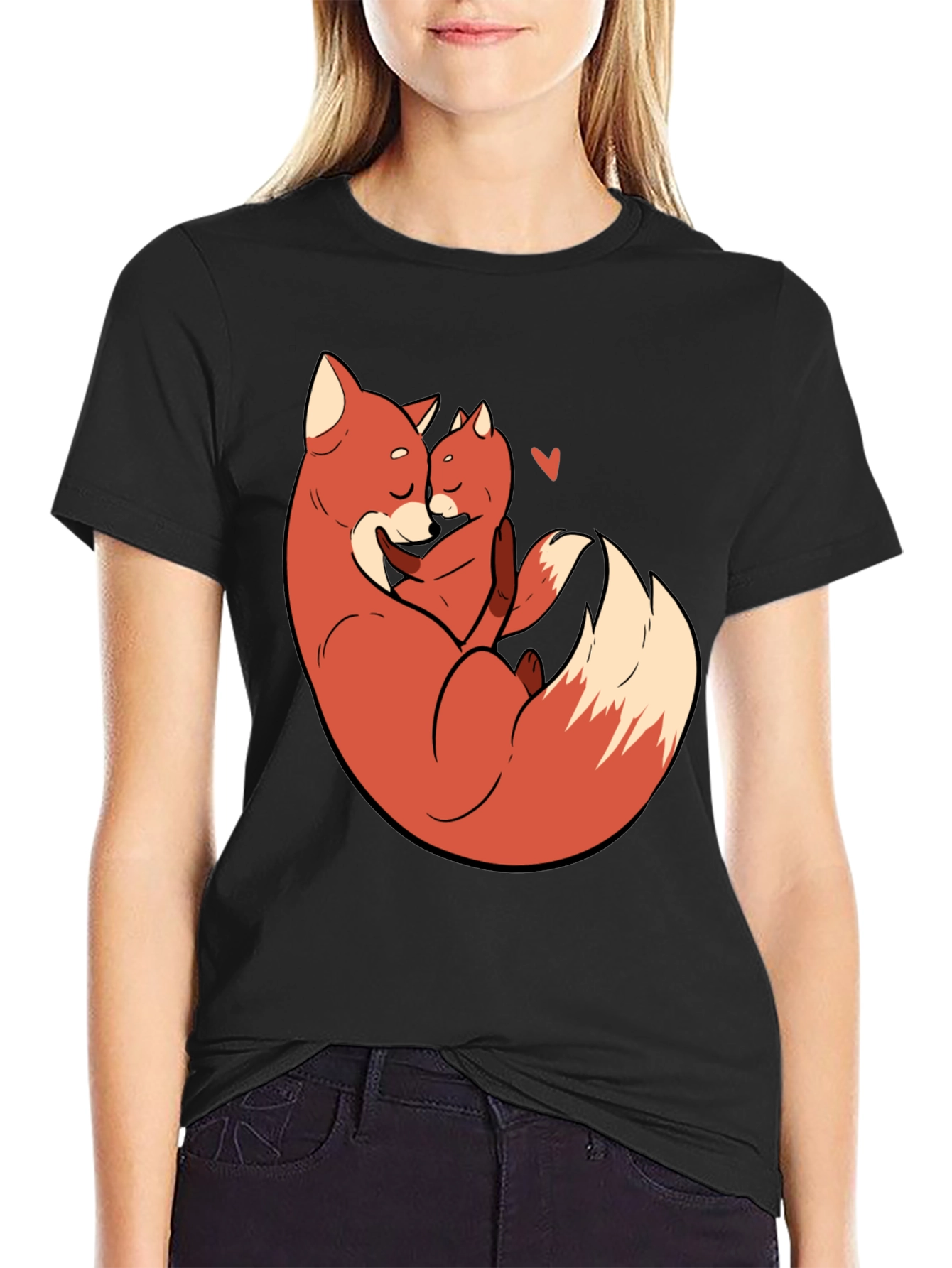 Black Fox Mom & Cub Love T-Shirt - Black, Cartoon Design view 2