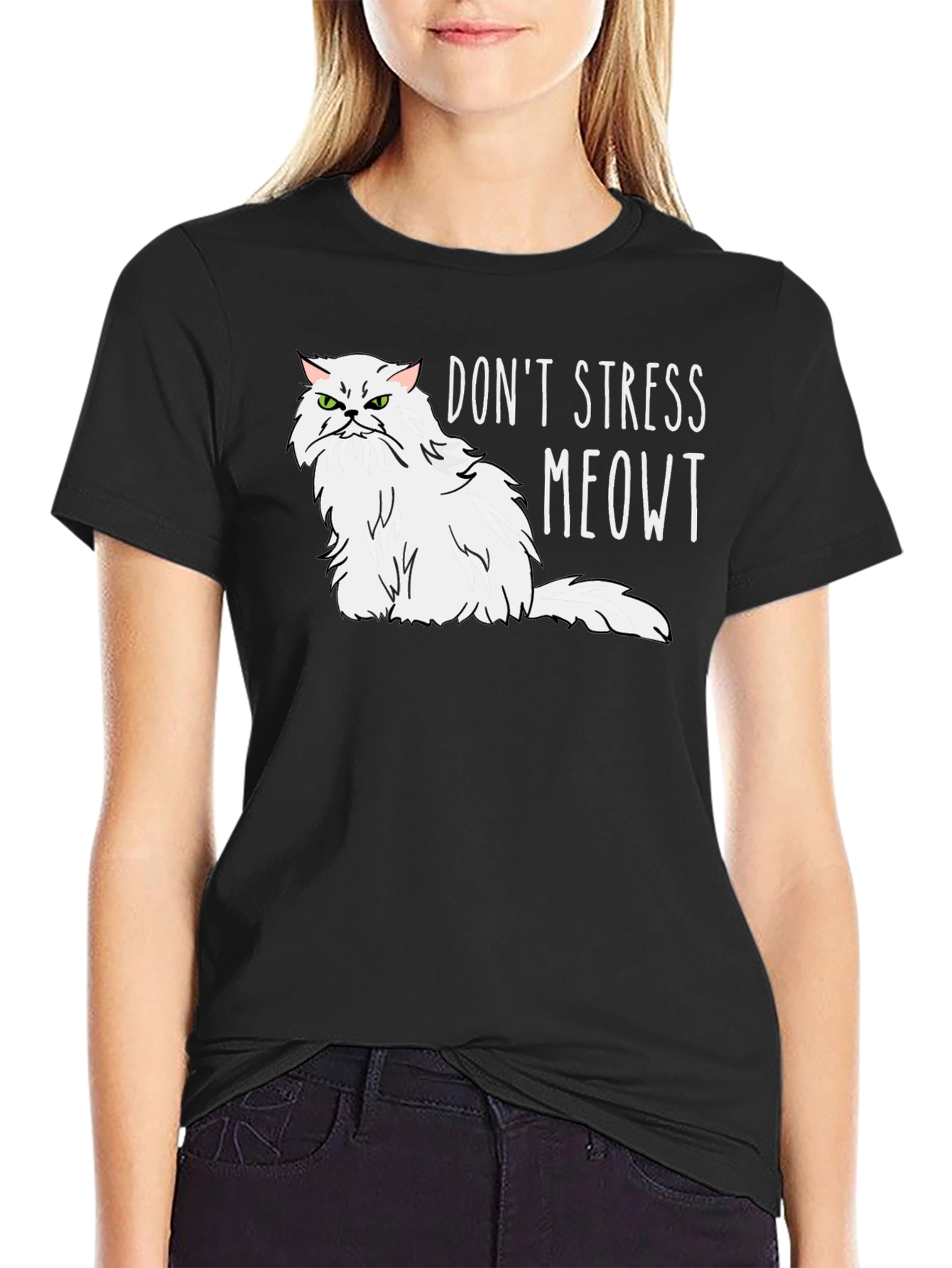 Black Don't Stress Meowt Cat Graphic T-Shirt view 2