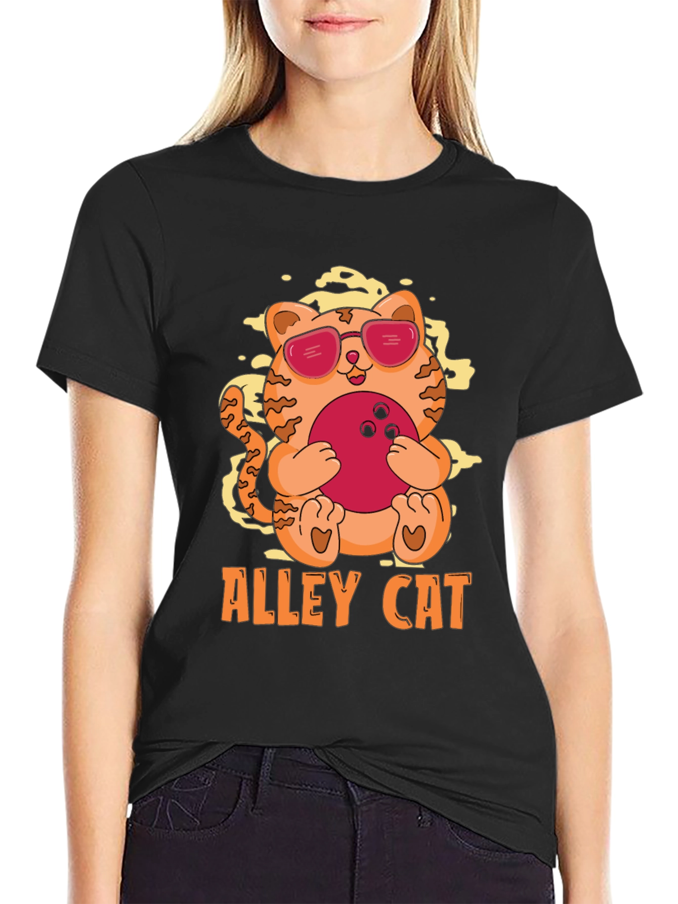 Black Alley Cat Bowling T-Shirt - Cool Kitten Design view 2