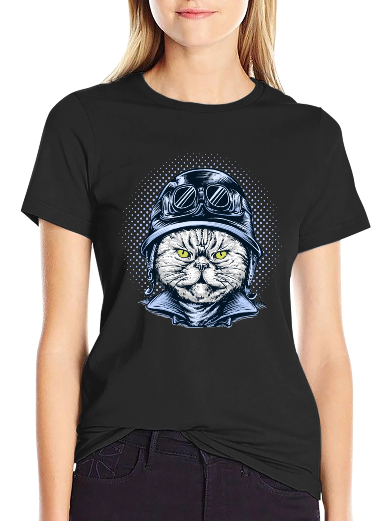 Black Cool Cat Biker Graphic T-Shirt - Black Cotton Tee view 2