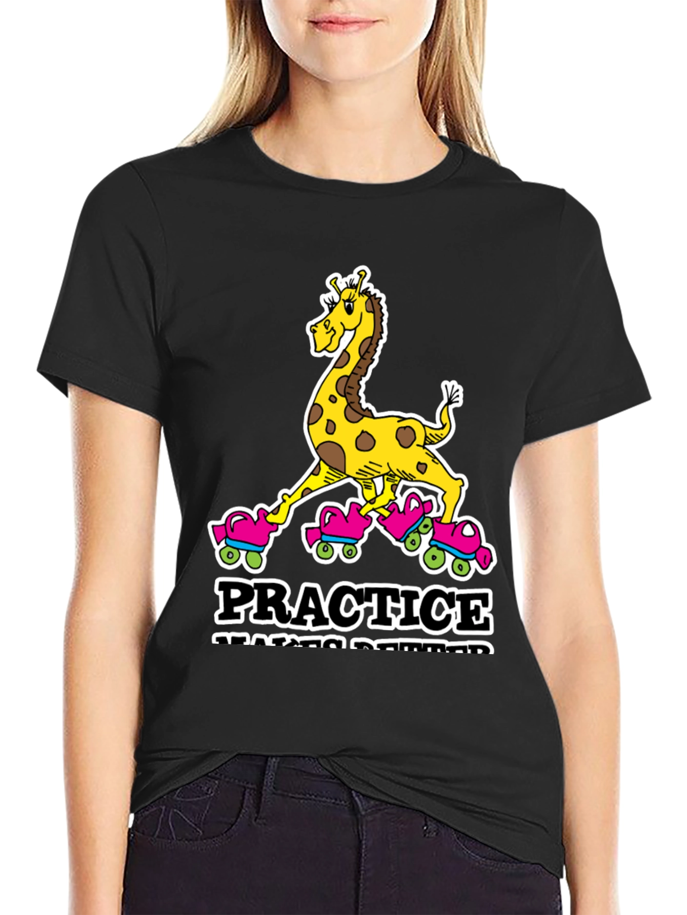 Black Giraffe Roller Skating T-Shirt - Practice Makes Progress view 2