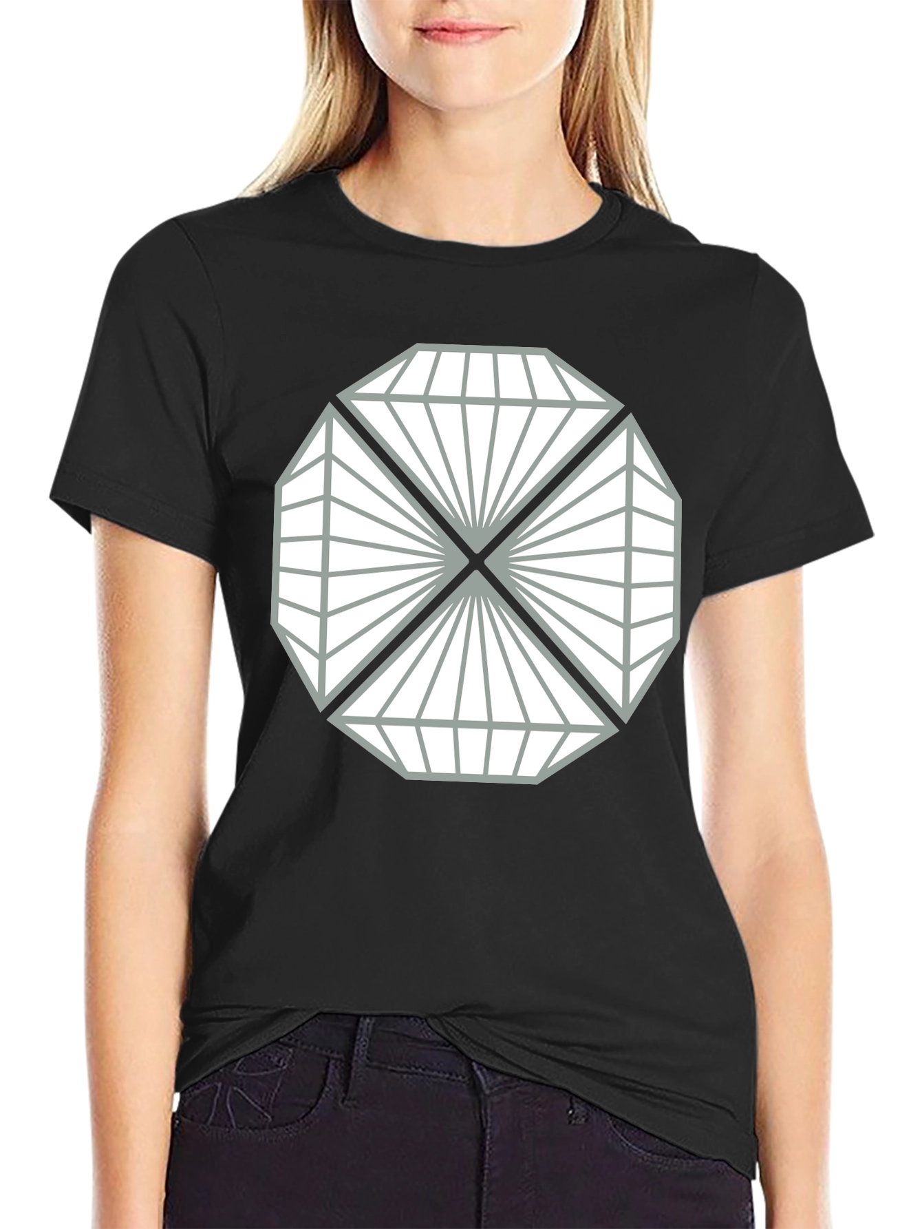 Black Geometric Diamond Design Black T-Shirt view 2