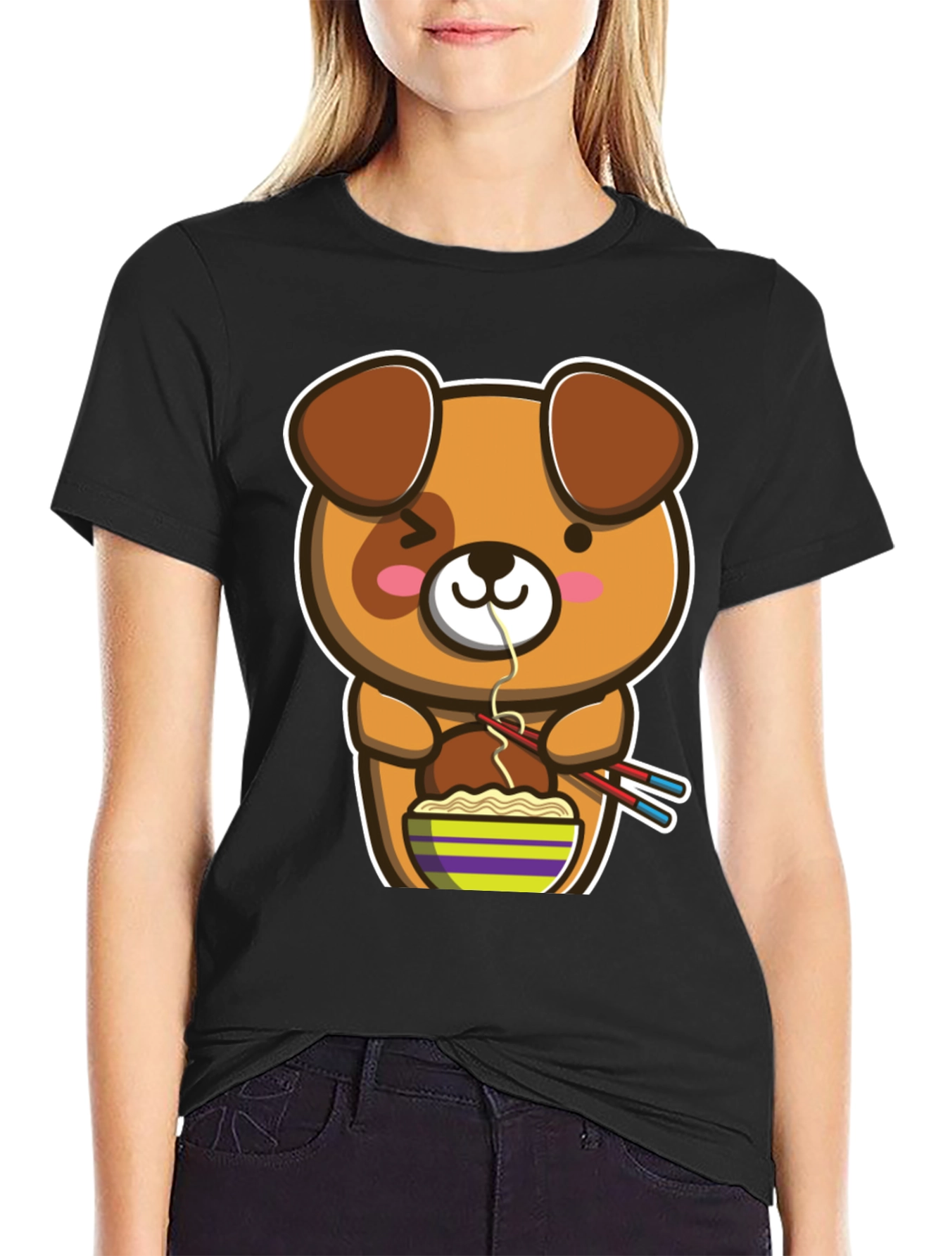 Black Cute Cartoon Dog Ramen T-Shirt view 2