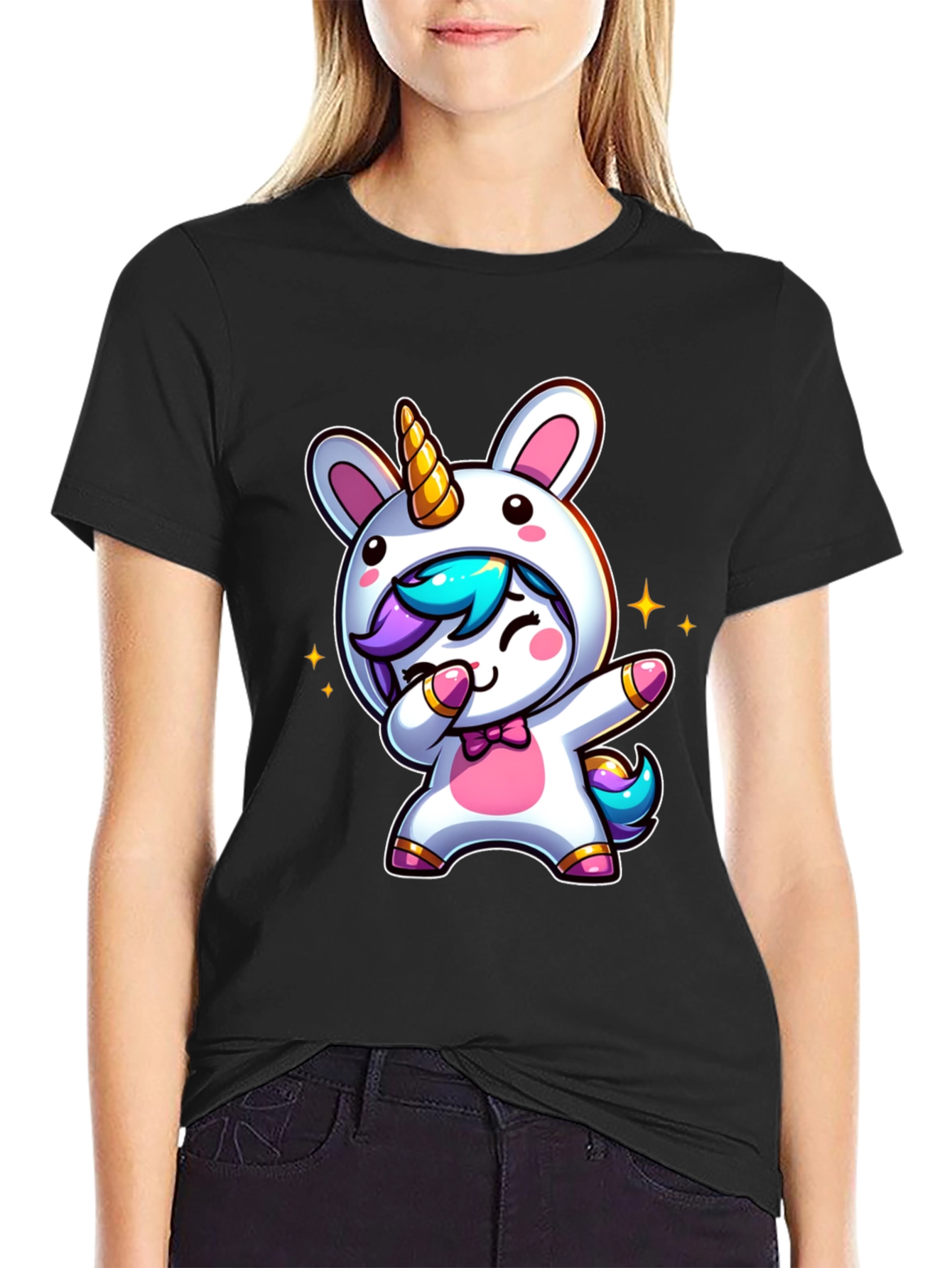 Black Cute Unicorn Dab Black T-Shirt view 2