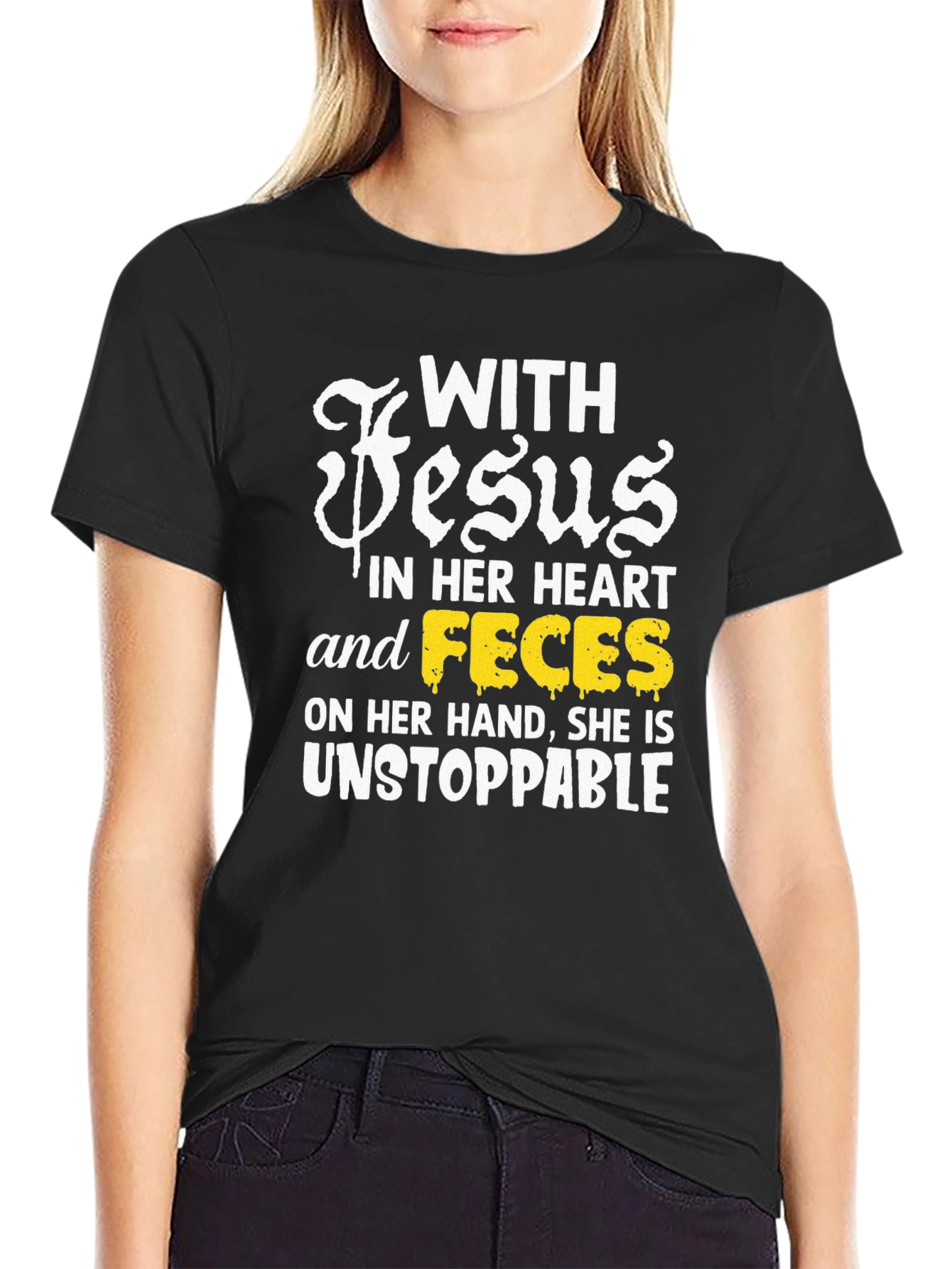 Black Funny Religious T-Shirt - With Jesus and Feces view 2