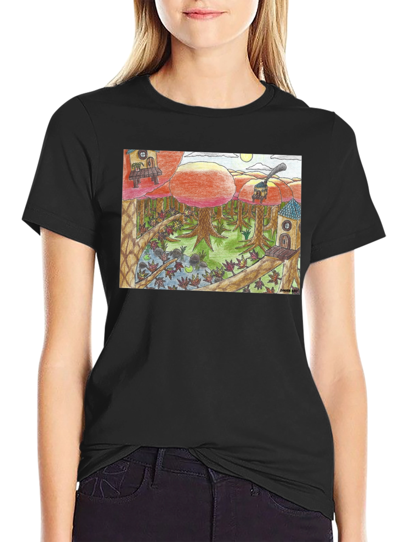 Black Whimsical Forest T-Shirt - Unique Graphic Tee view 2