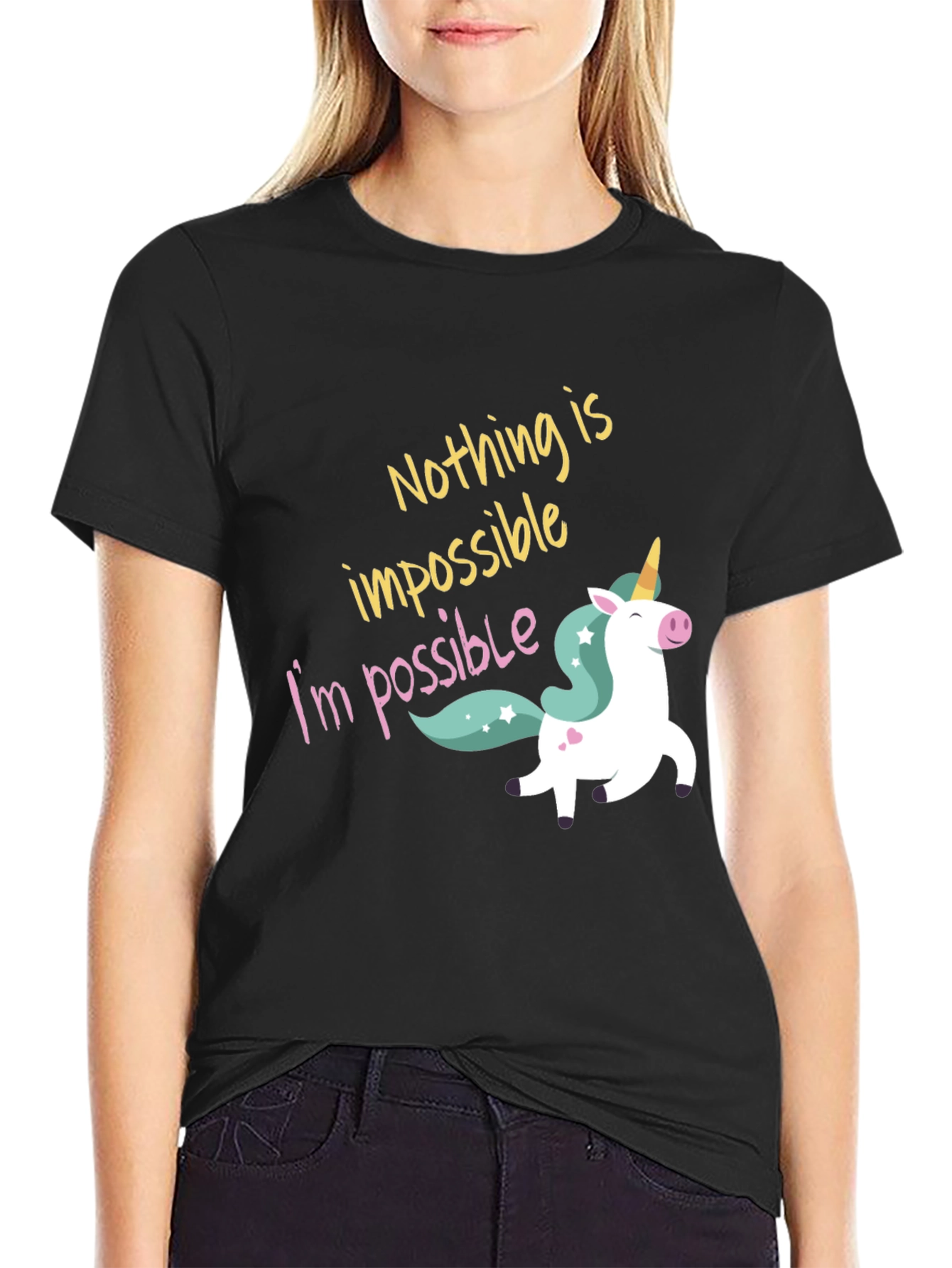 Black Nothing Is Impossible Unicorn Graphic Tee view 2