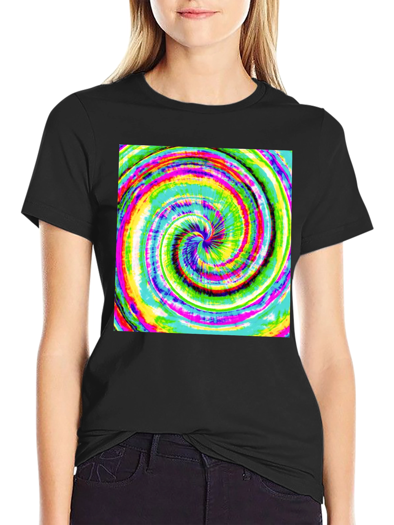 Black Psychedelic Swirl Tee - Vivid Rainbow Vortex Design view 2
